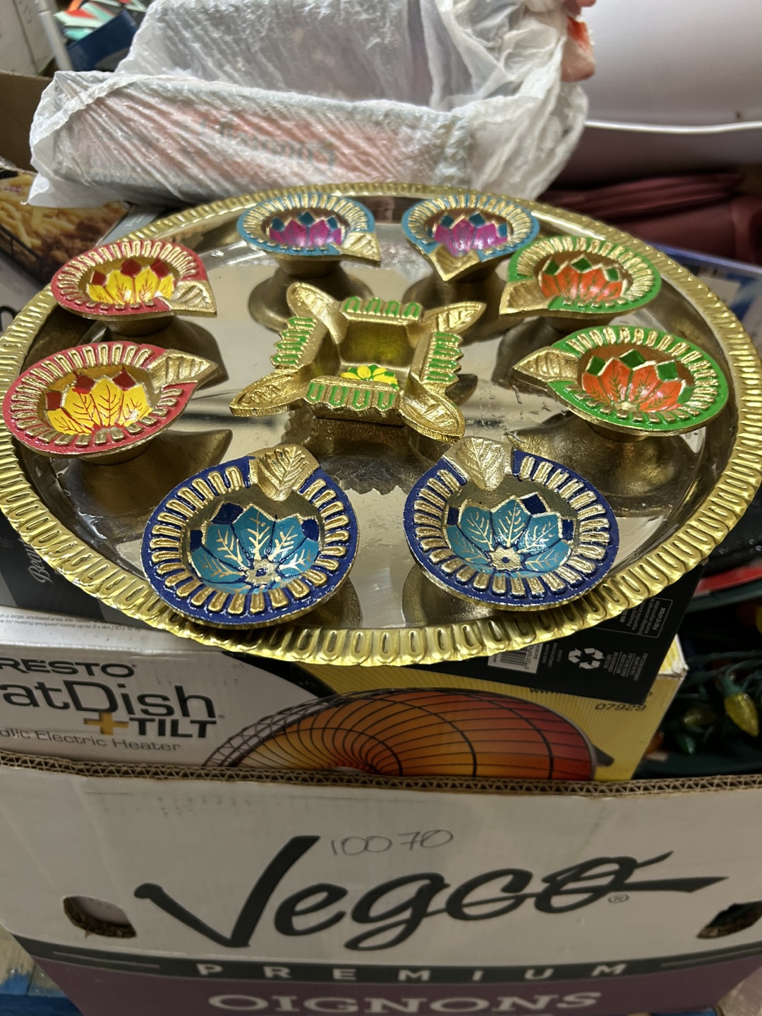 Diwali Decor: Eight-Piece Brass Diya Set with Tray