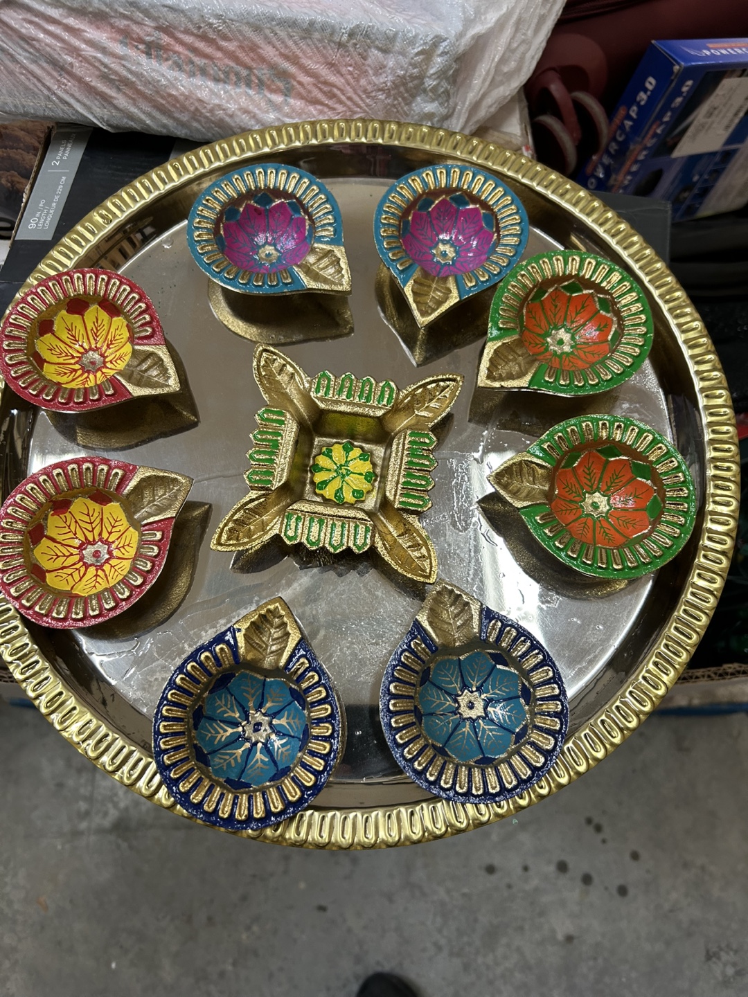 Diwali Decor: Eight-Piece Brass Diya Set with Tray - photo 2