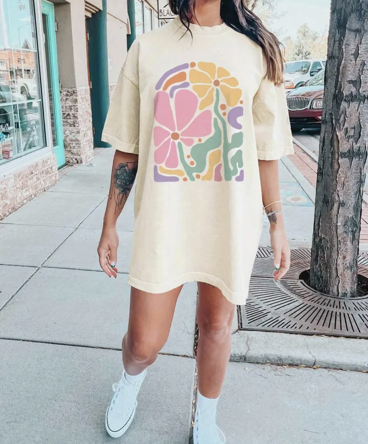 Short Sleeve T-Shirt Dress with Flower Graphic