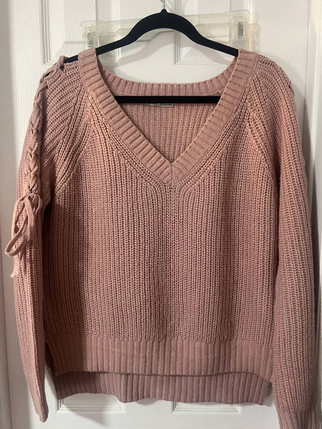 Dusty Rose Knit Sweater with Lace-Up Sleeves thumbnail