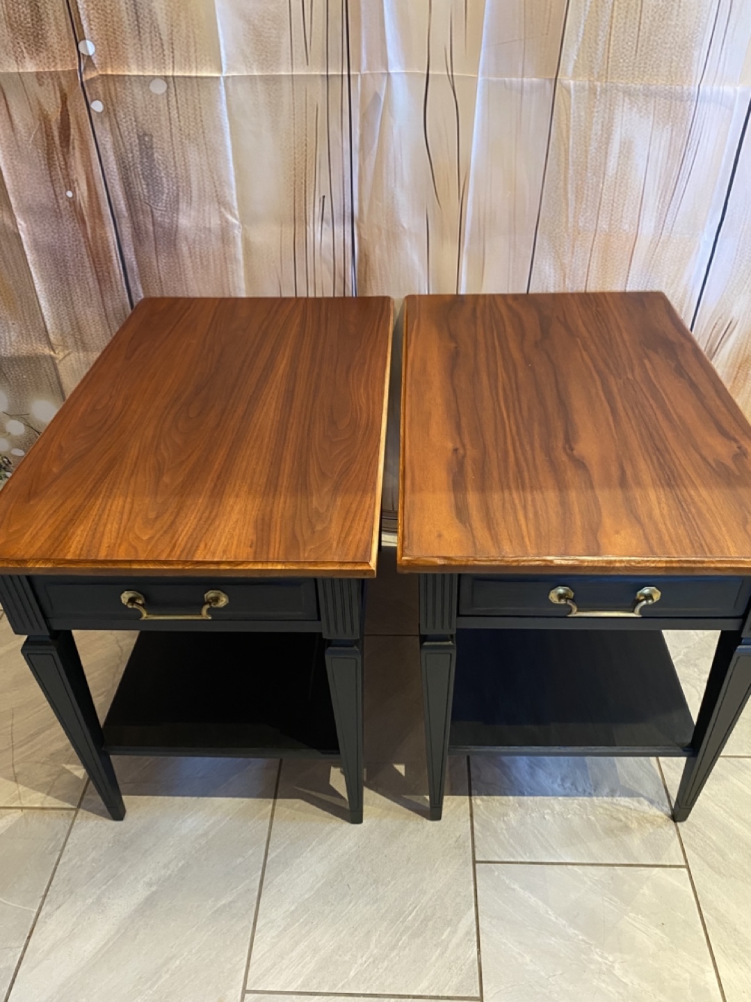 Pair of Vintage Black End Tables with Walnut Tops