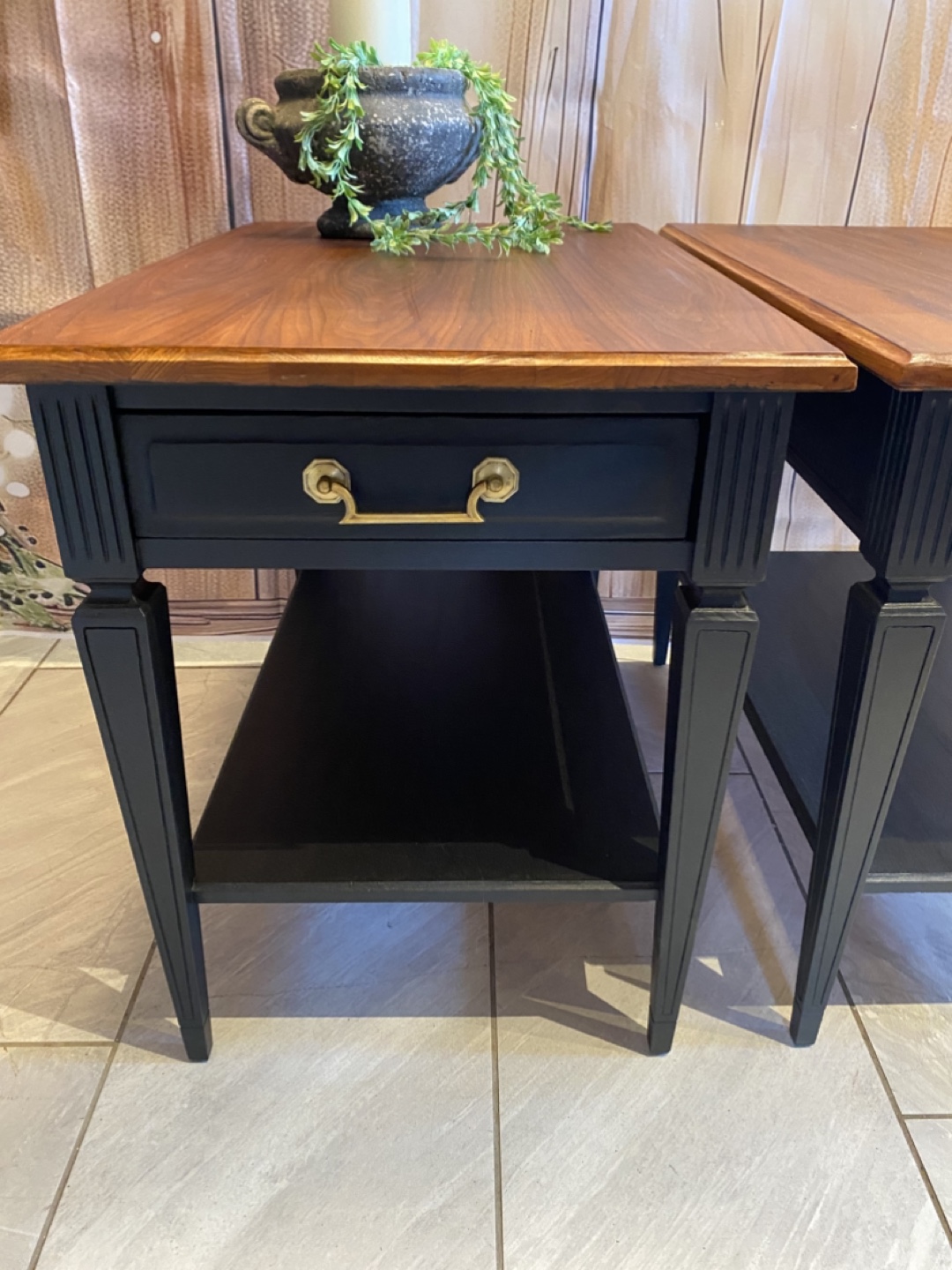 Pair of Vintage Black End Tables with Walnut Tops - photo 2