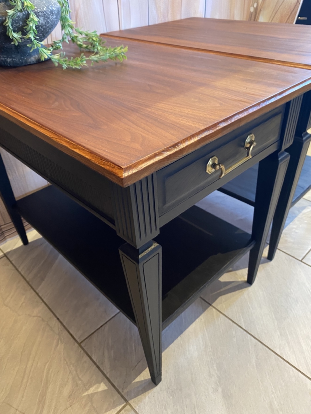 Pair of Vintage Black End Tables with Walnut Tops - photo 3