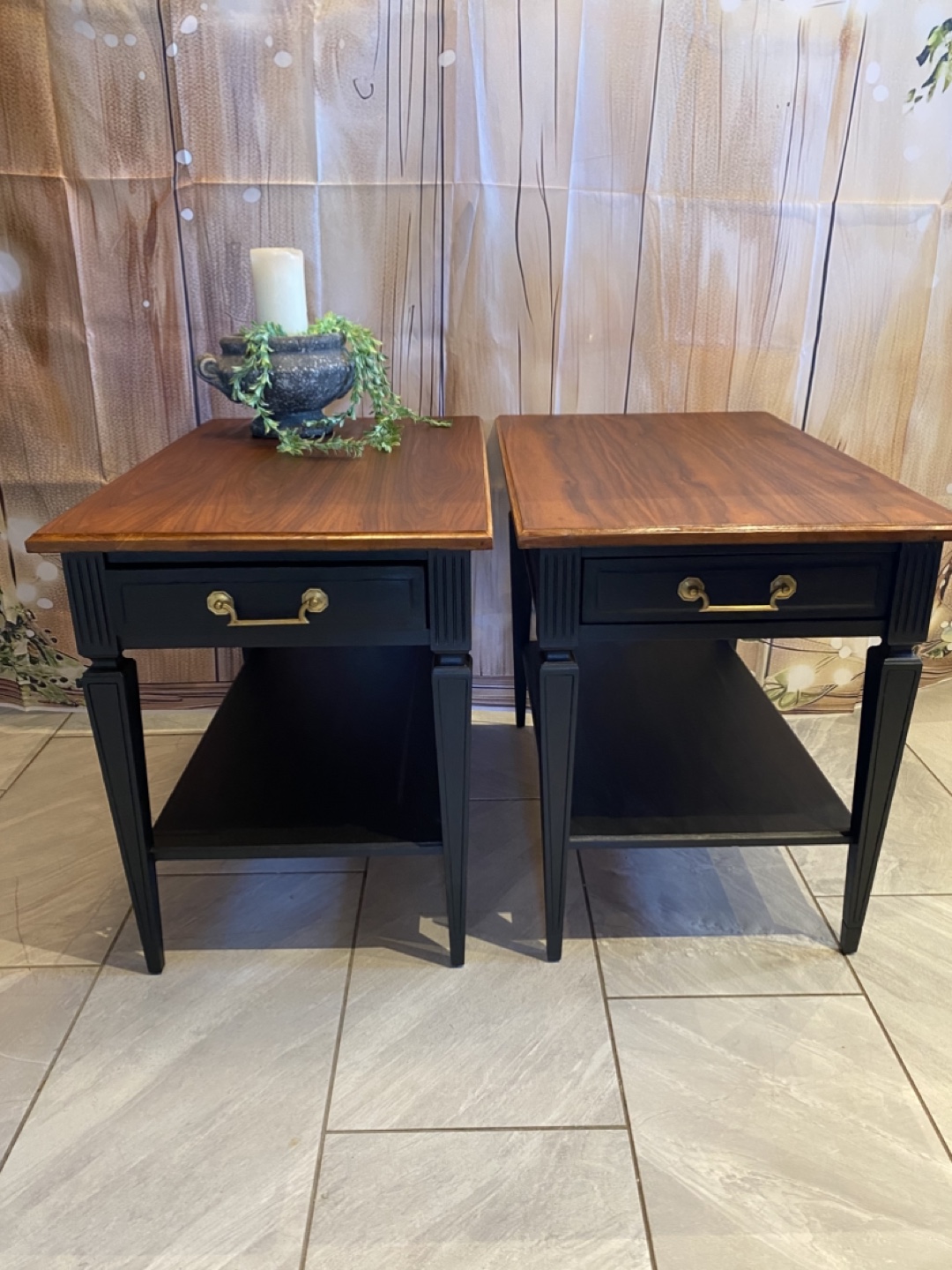 Pair of Vintage Black End Tables with Walnut Tops - photo 5
