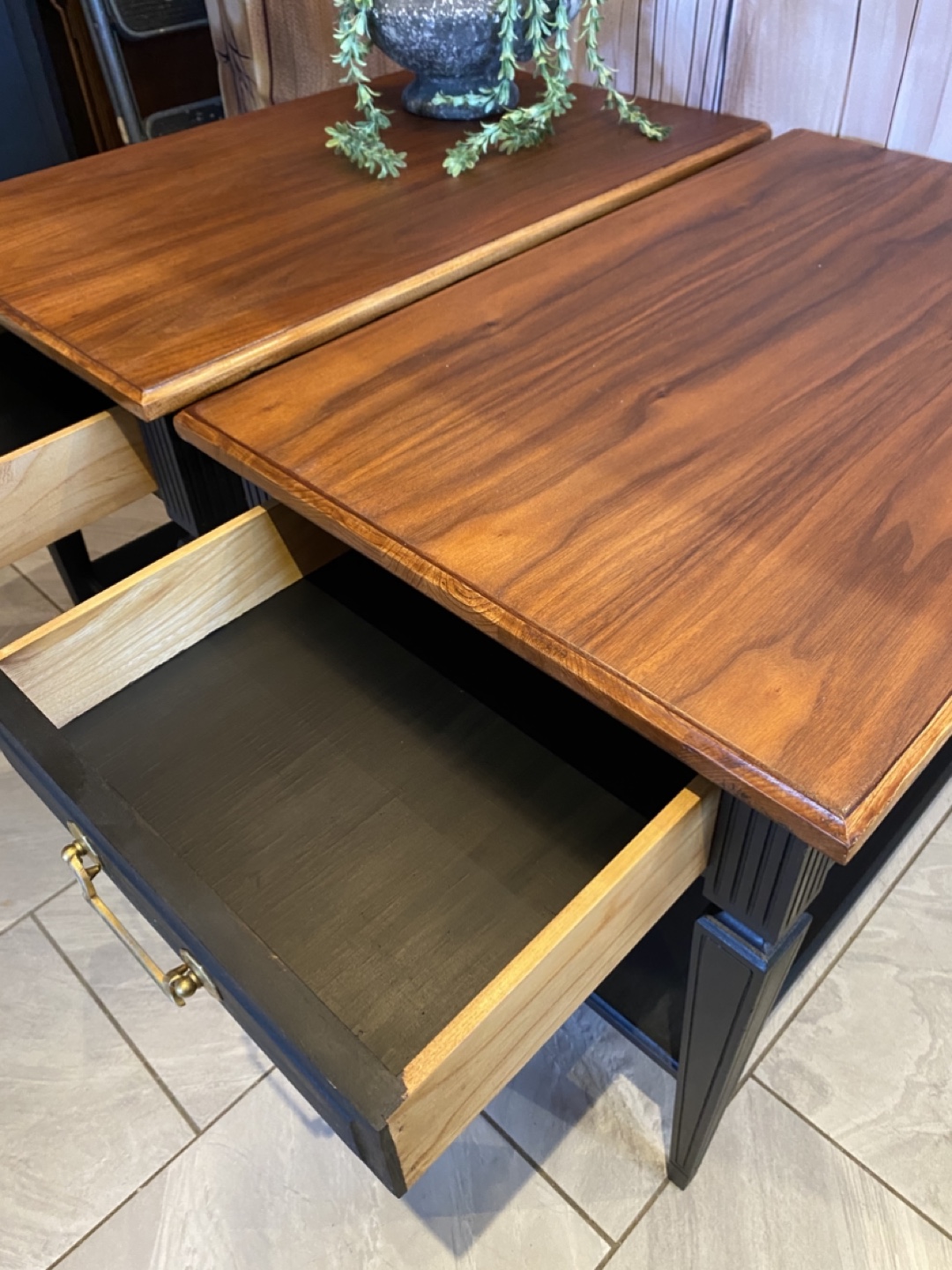 Pair of Vintage Black End Tables with Walnut Tops - photo 4