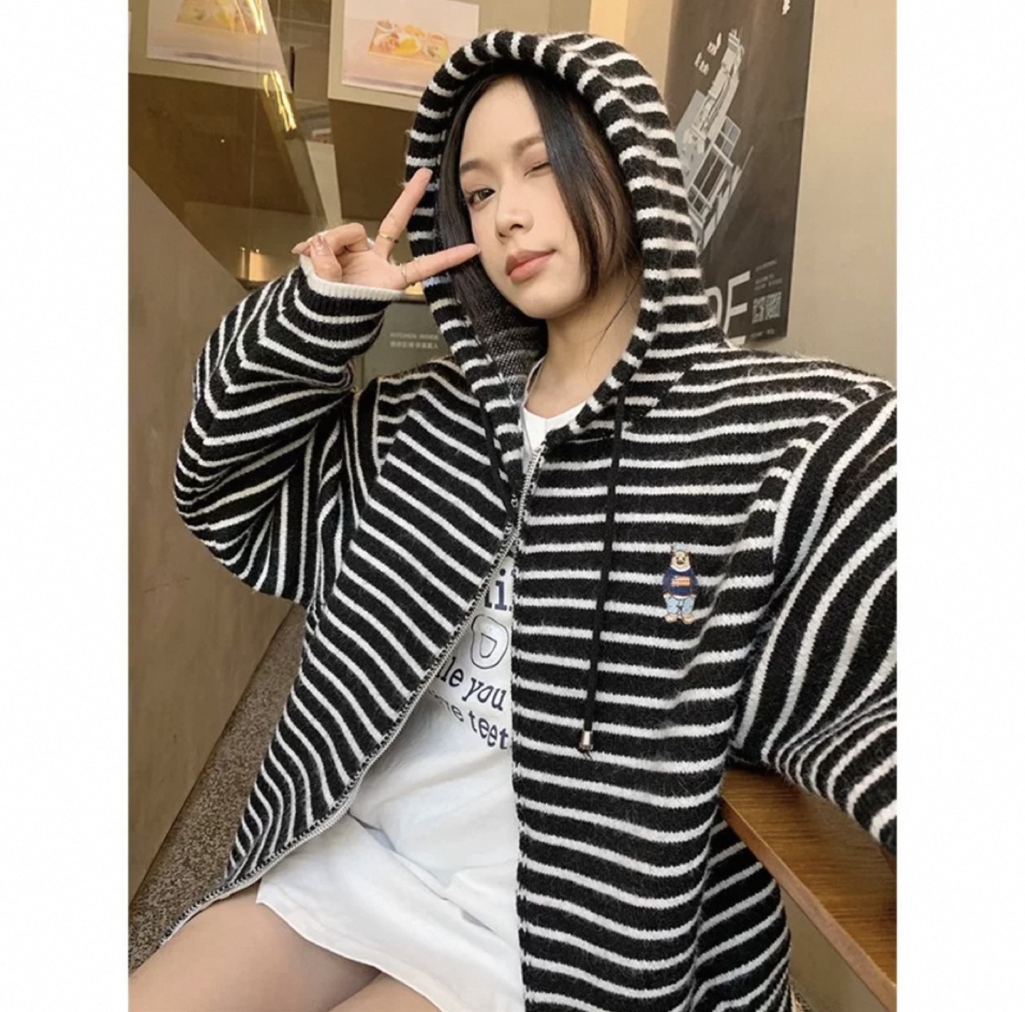 Black and White Striped Zip-Up Hoodie