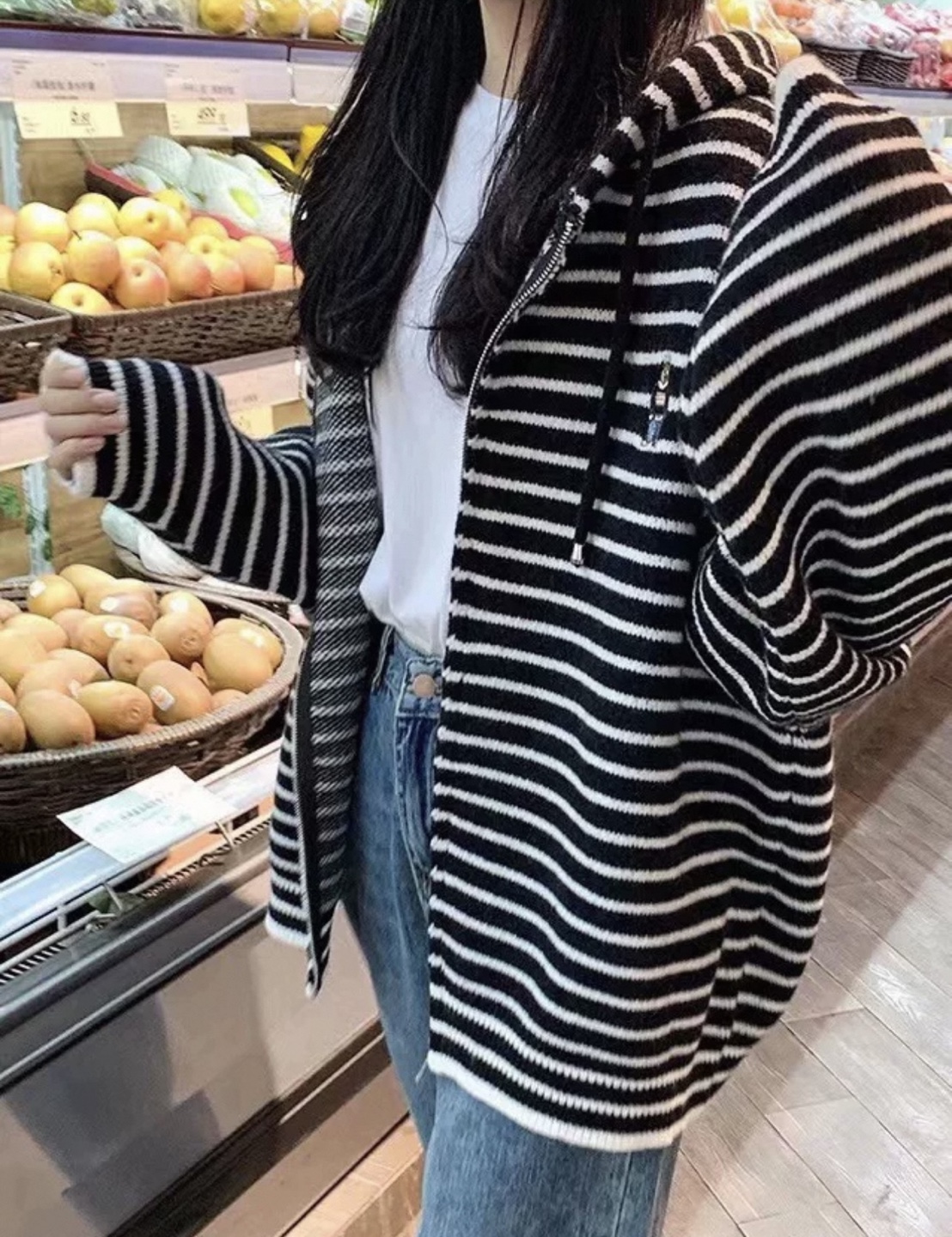 Black and White Striped Zip-Up Hoodie - photo 2