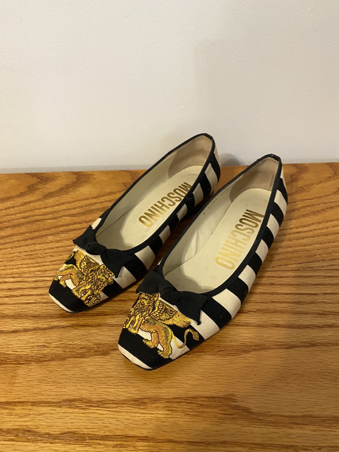 Moschino Vintage Black and White Striped Ballerina Flats