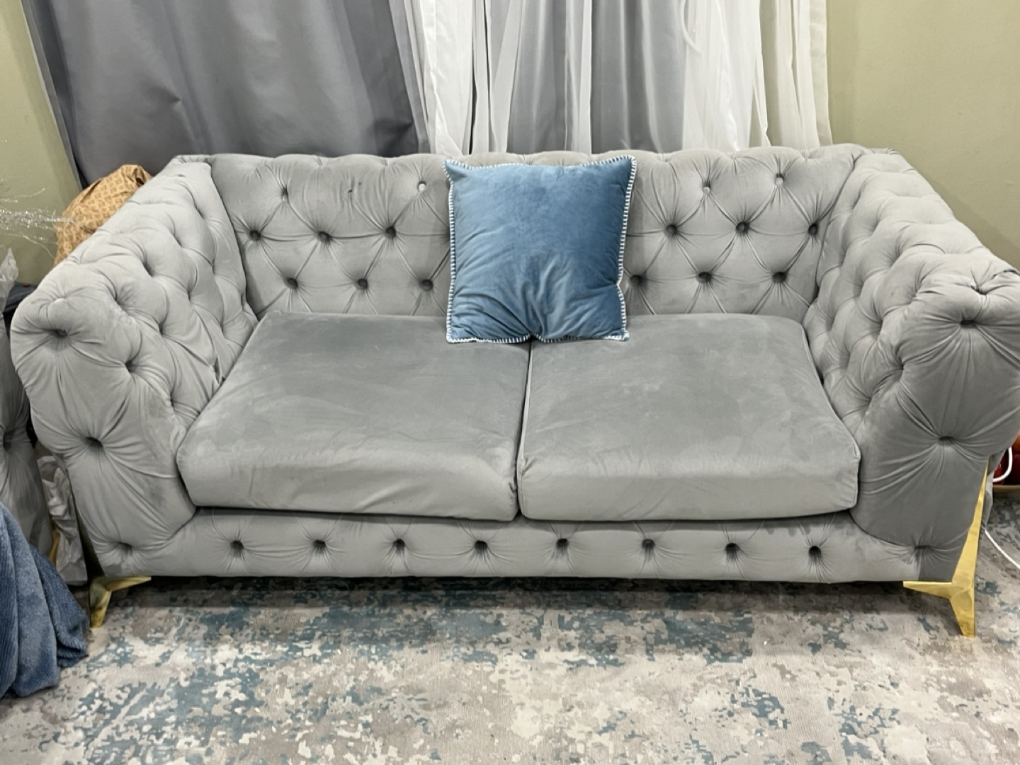 Grey Velvet Button Tufted Sofa - photo 3