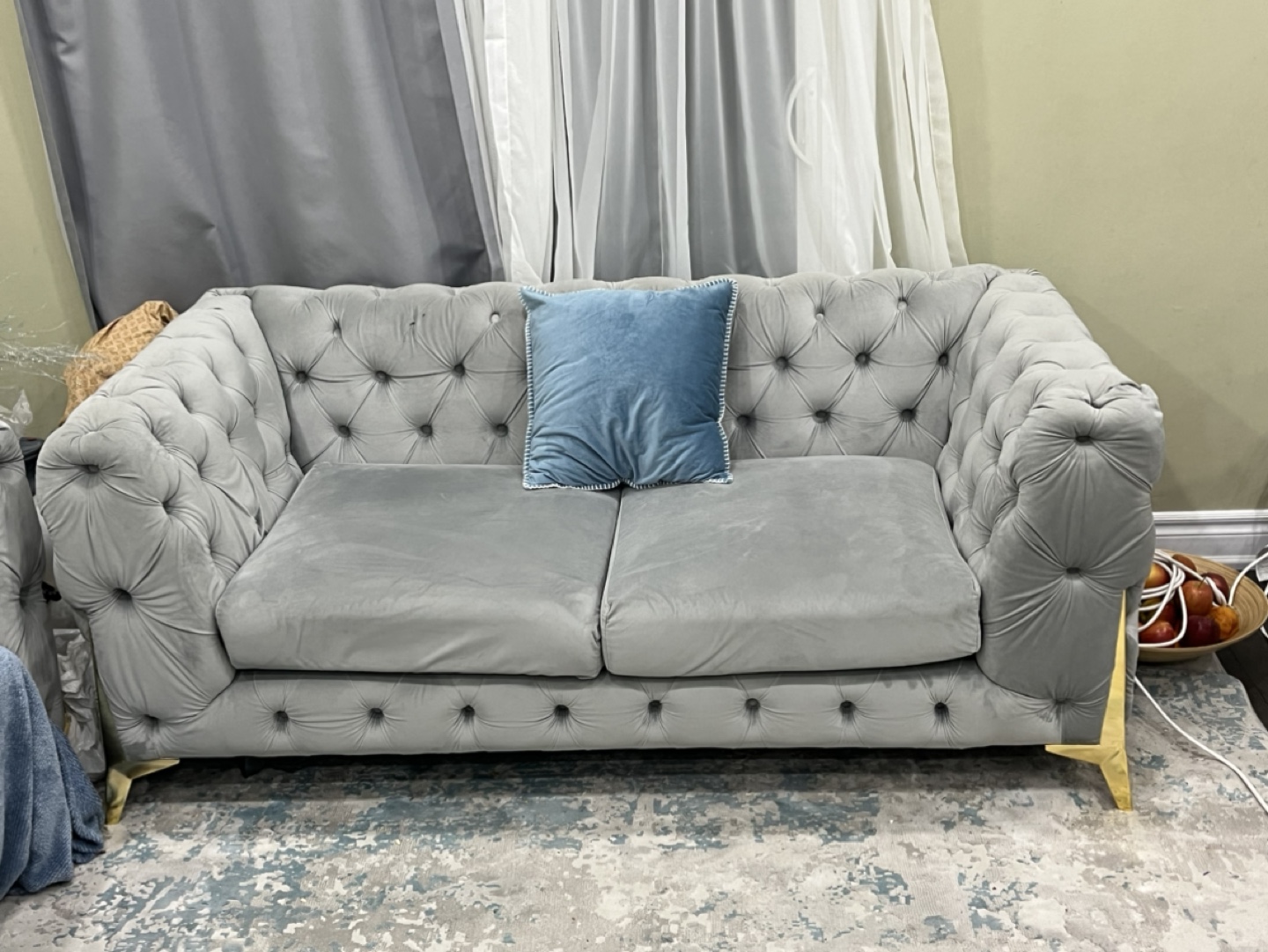 Grey Velvet Button Tufted Sofa - photo 2