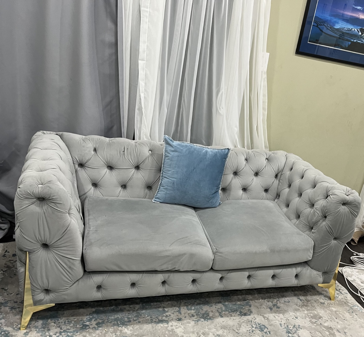 Grey Velvet Button Tufted Sofa