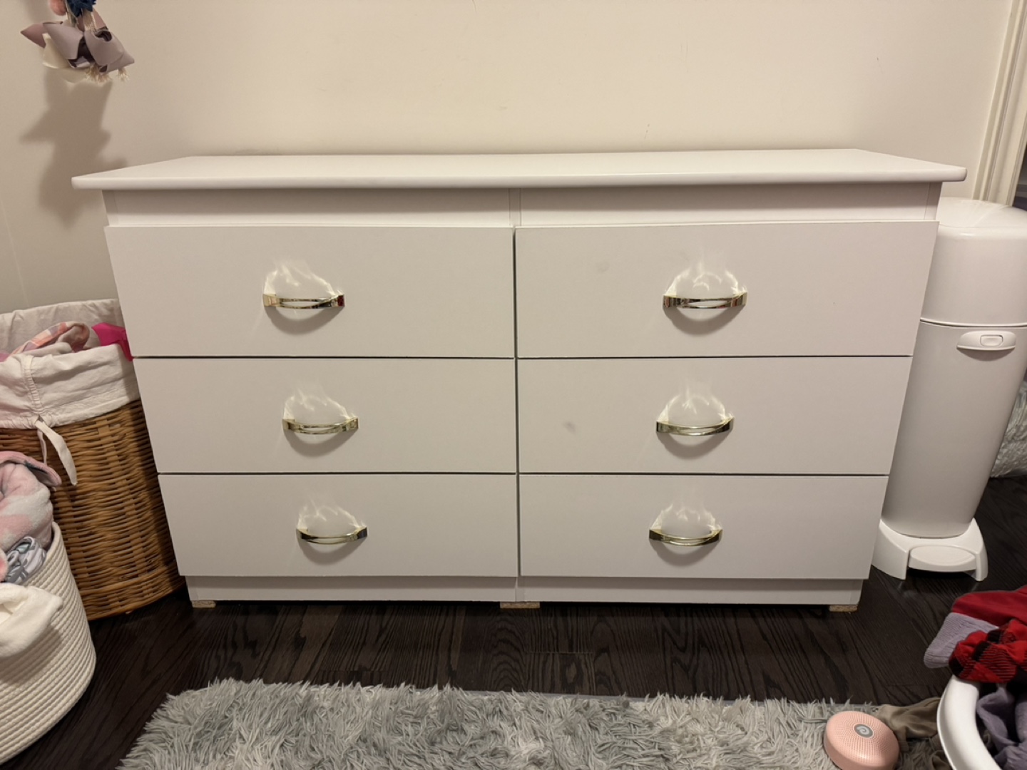 White 6-Drawer Dresser with Gold Handles