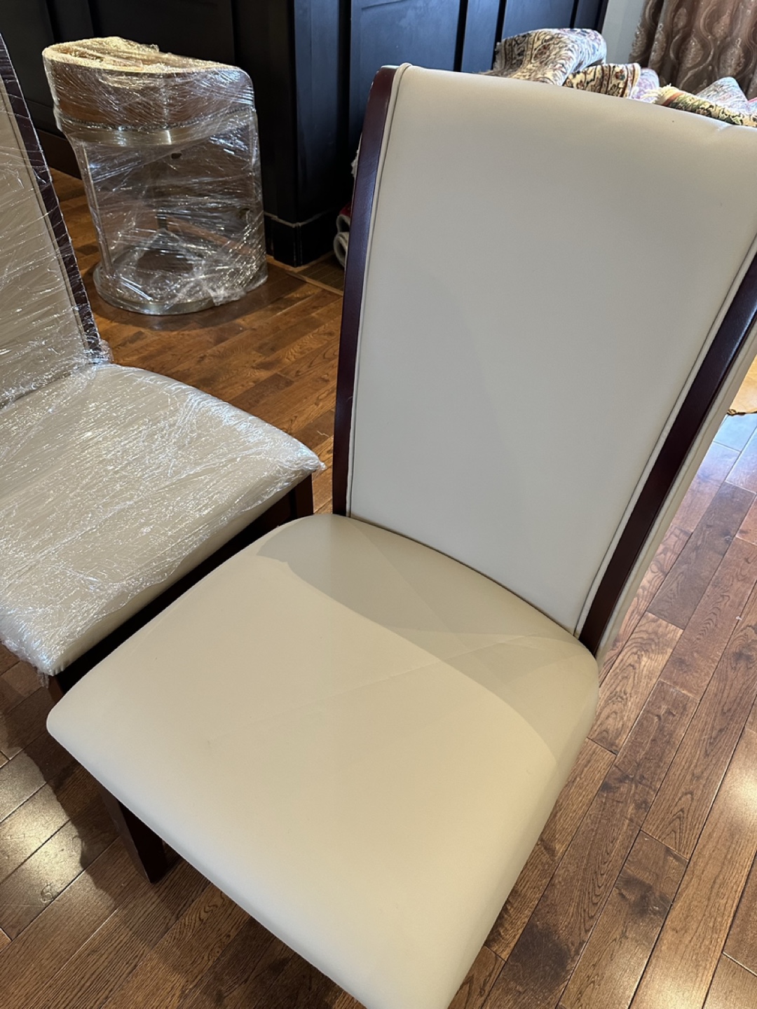 6 Beige Dining Chairs with Dark Wood Accents - photo 2