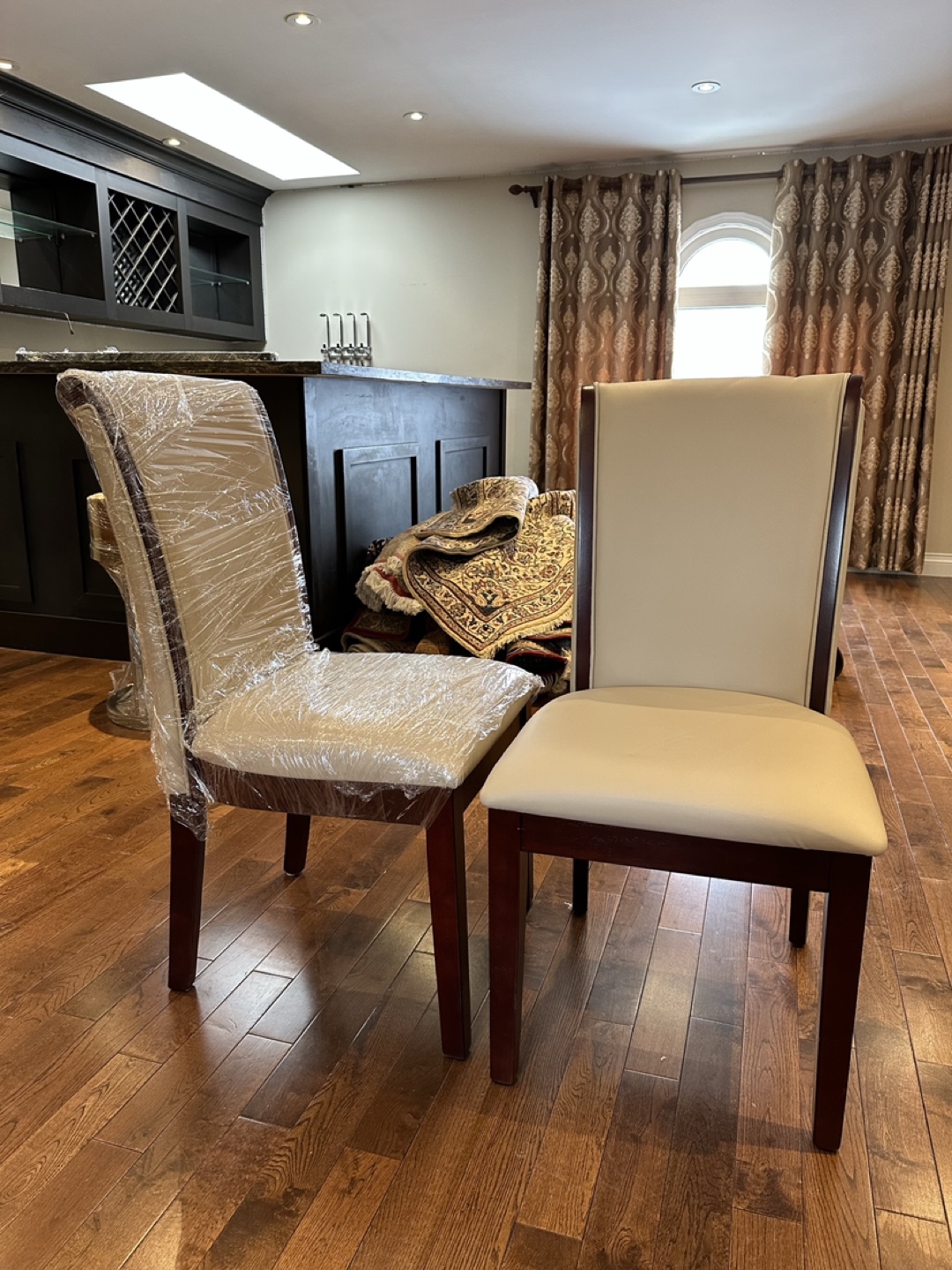 6 Beige Dining Chairs with Dark Wood Accents
