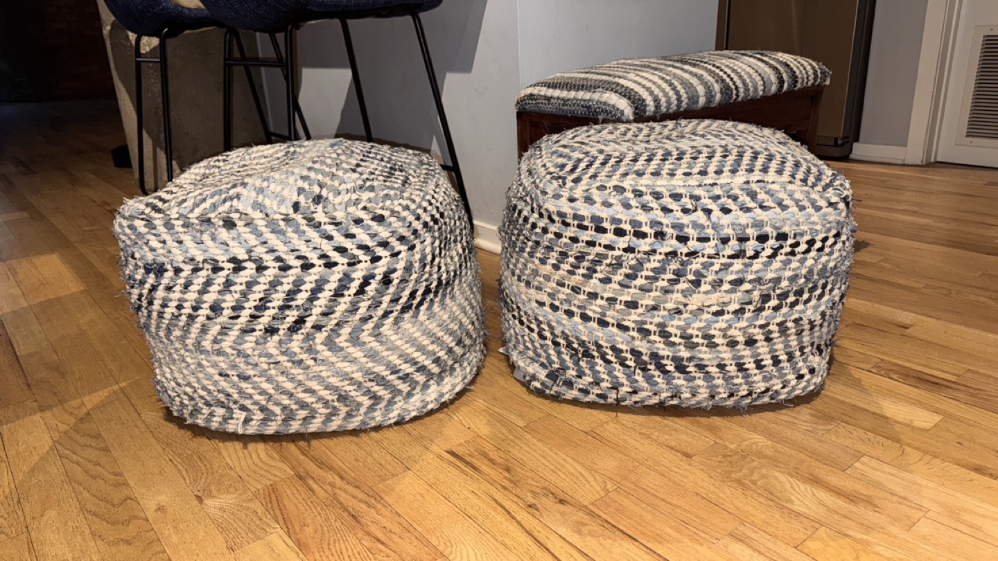 Pair of Woven Pouf Ottomans - Blue and White