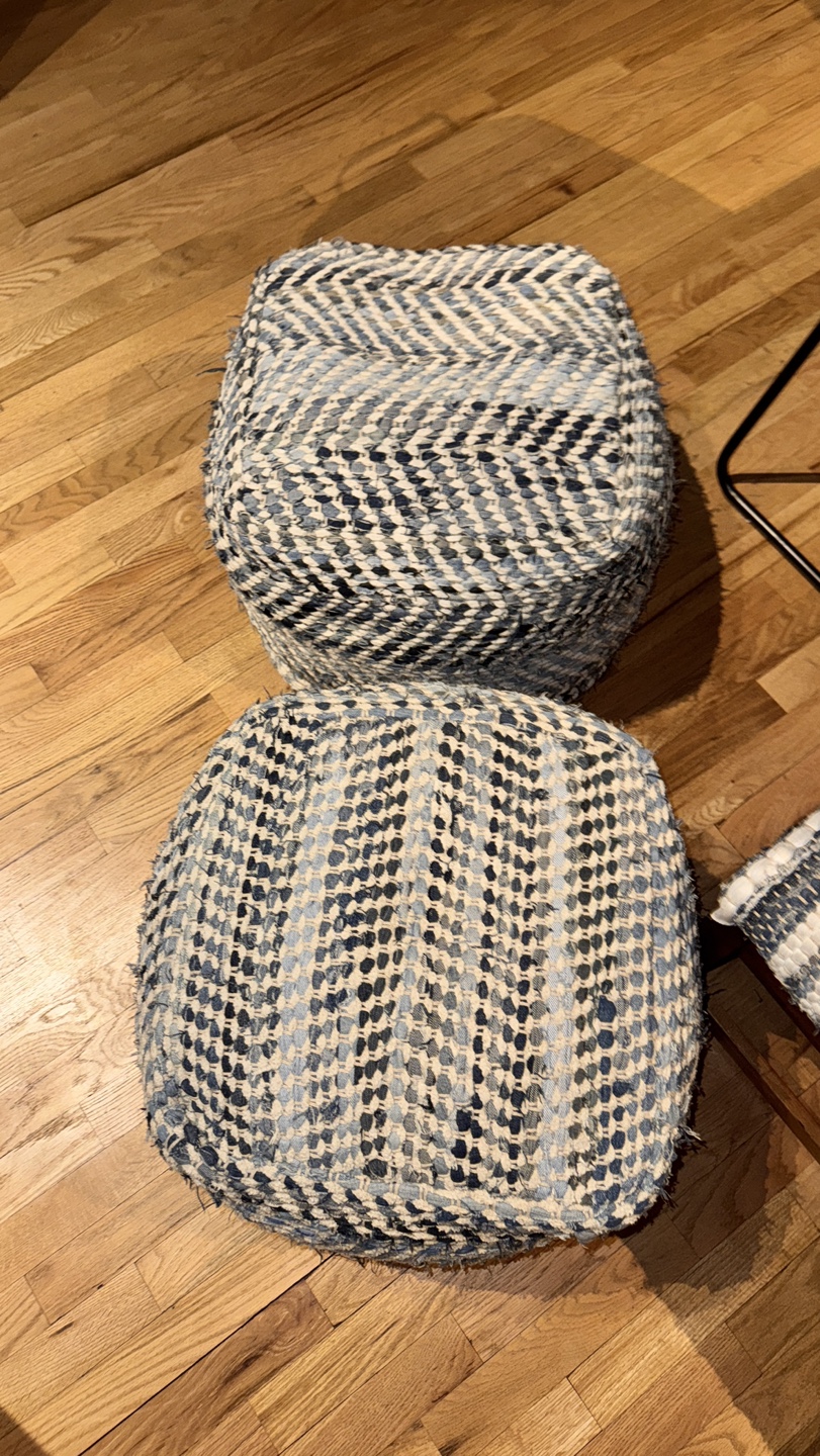 Pair of Woven Pouf Ottomans - Blue and White - photo 2