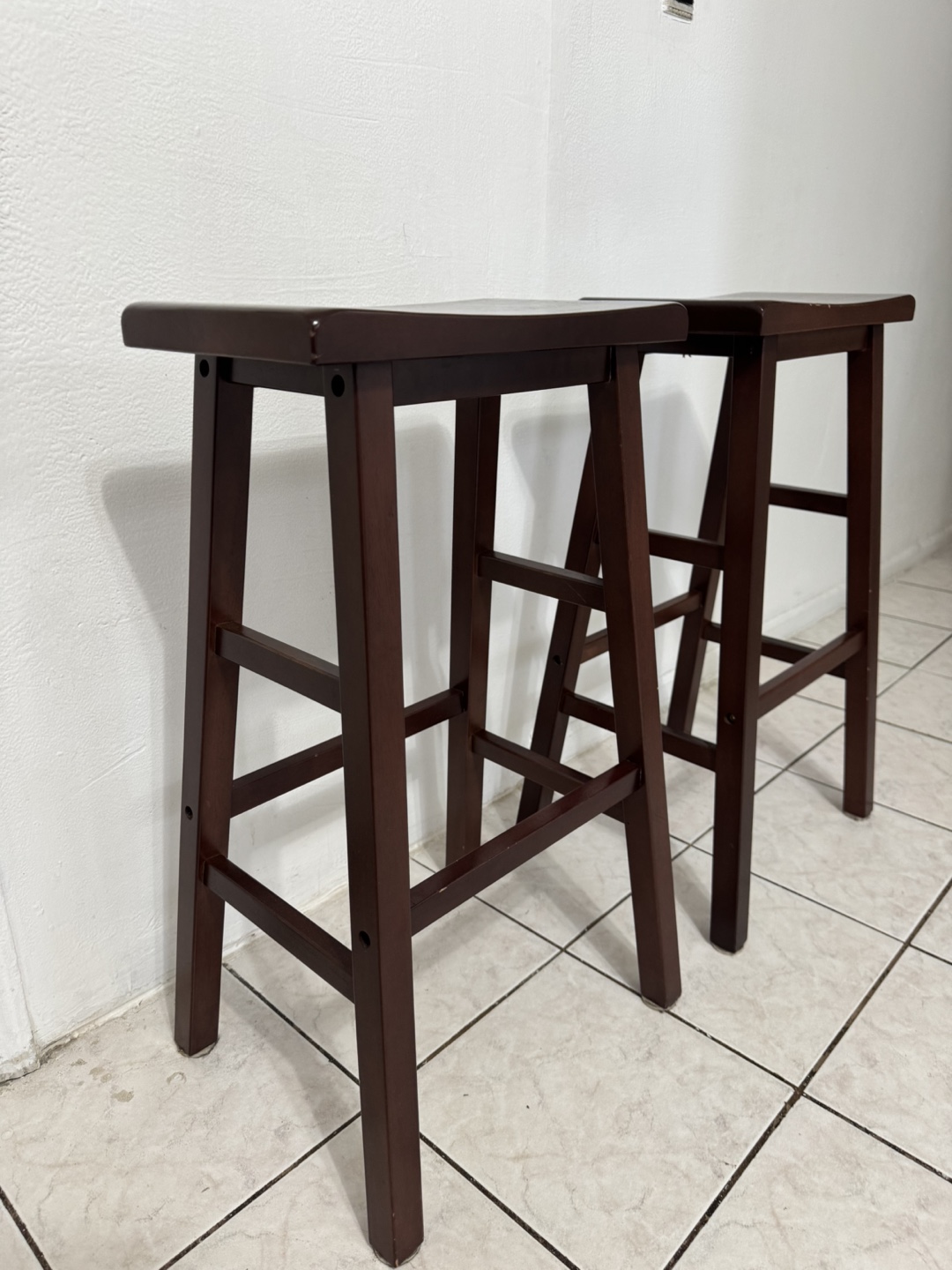 Pair of Dark Brown Wooden Stools - photo 2