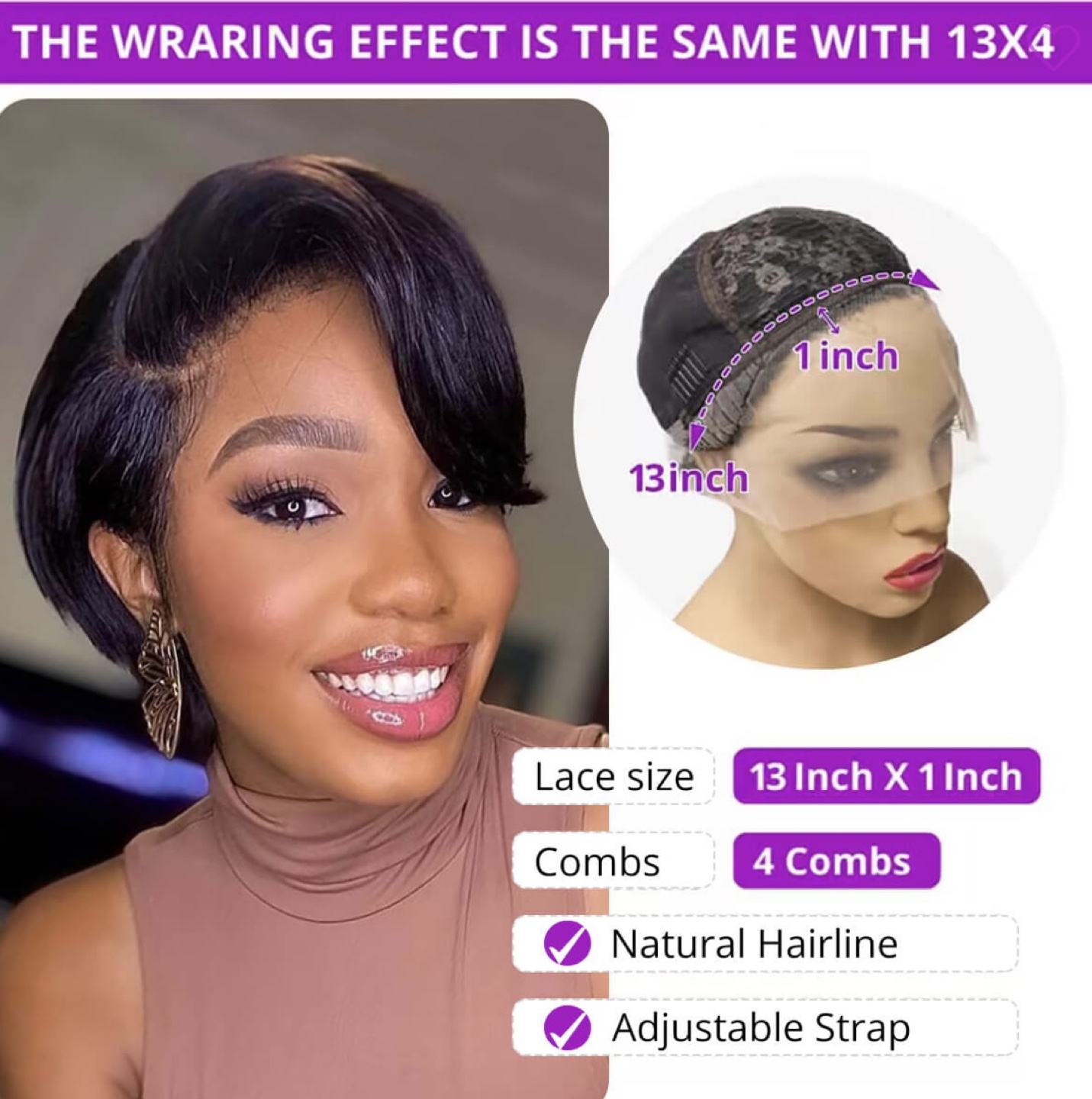 Pixie Cut 13×1 Lace Straight Glueless 8 Inch Invisible Lace Wig - photo 3