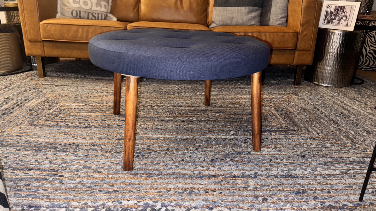 Round Button Tufted Ottoman, Dark Blue Upholstery, Wood Legs