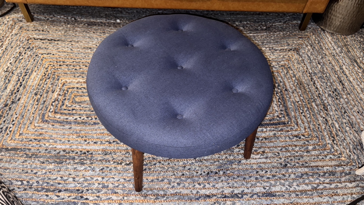 Round Button Tufted Ottoman, Dark Blue Upholstery, Wood Legs - photo 3