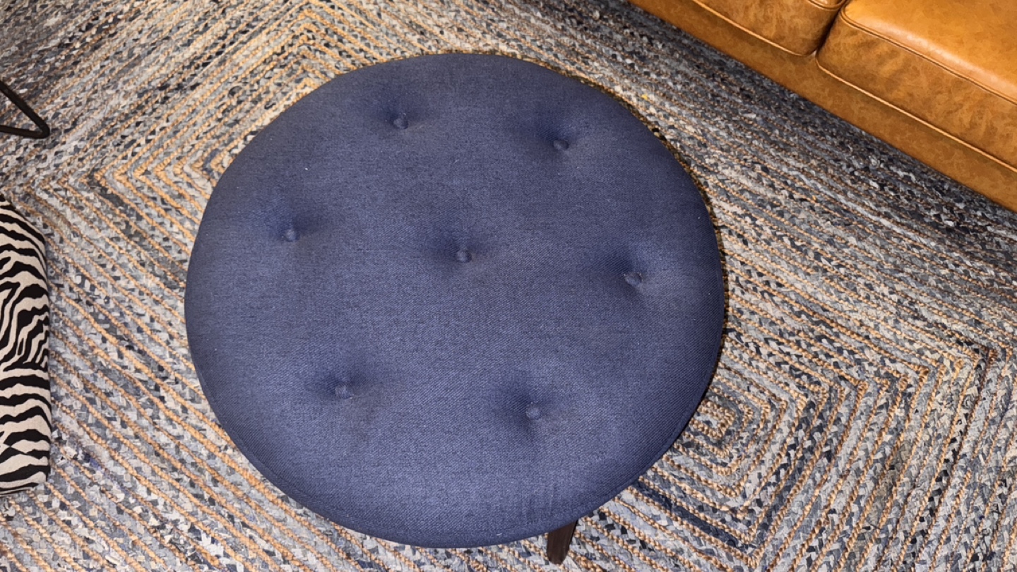 Round Button Tufted Ottoman, Dark Blue Upholstery, Wood Legs - photo 2