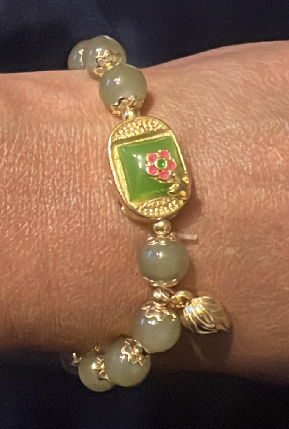 Beaded Bracelet with Green Stone and Gold Accents