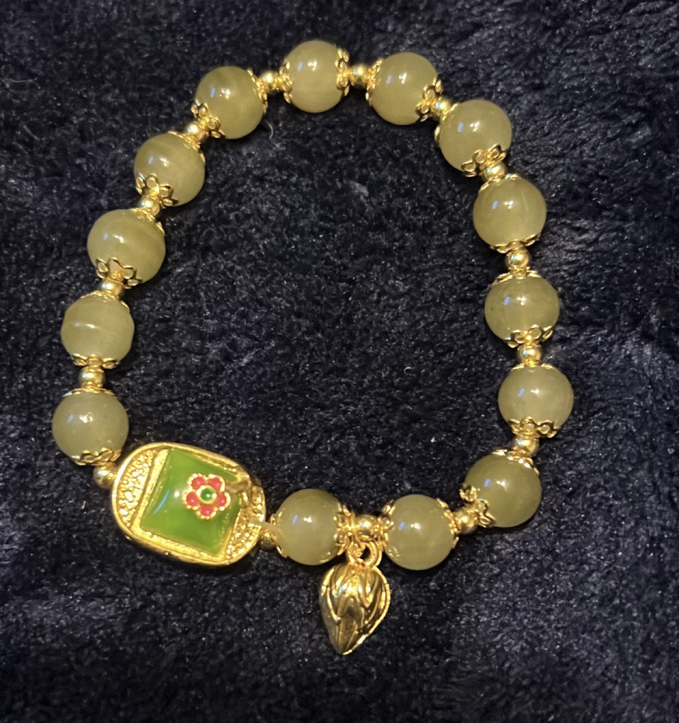 Beaded Bracelet with Green Stone and Gold Accents - photo 2