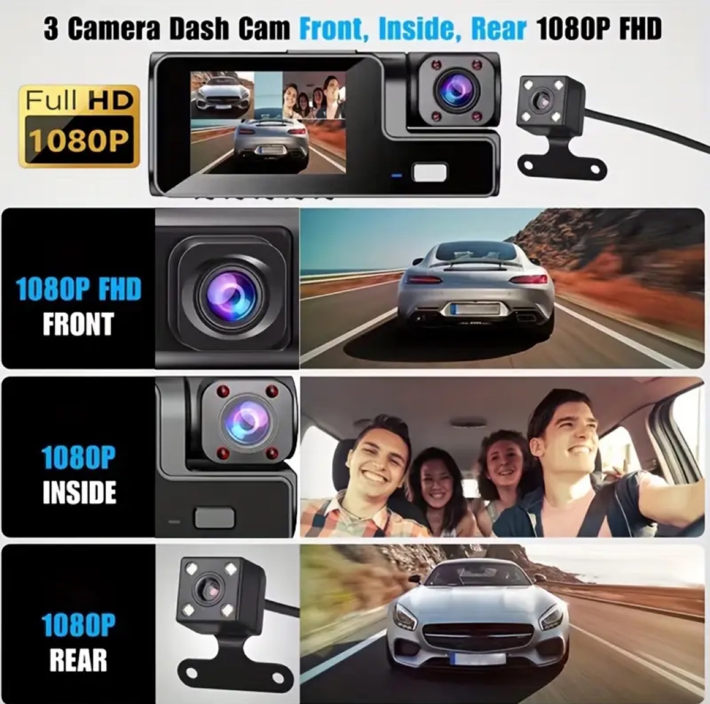 Triple Car Camera Front 1080P& Built-in 480P& Rear 480P HD - photo 2