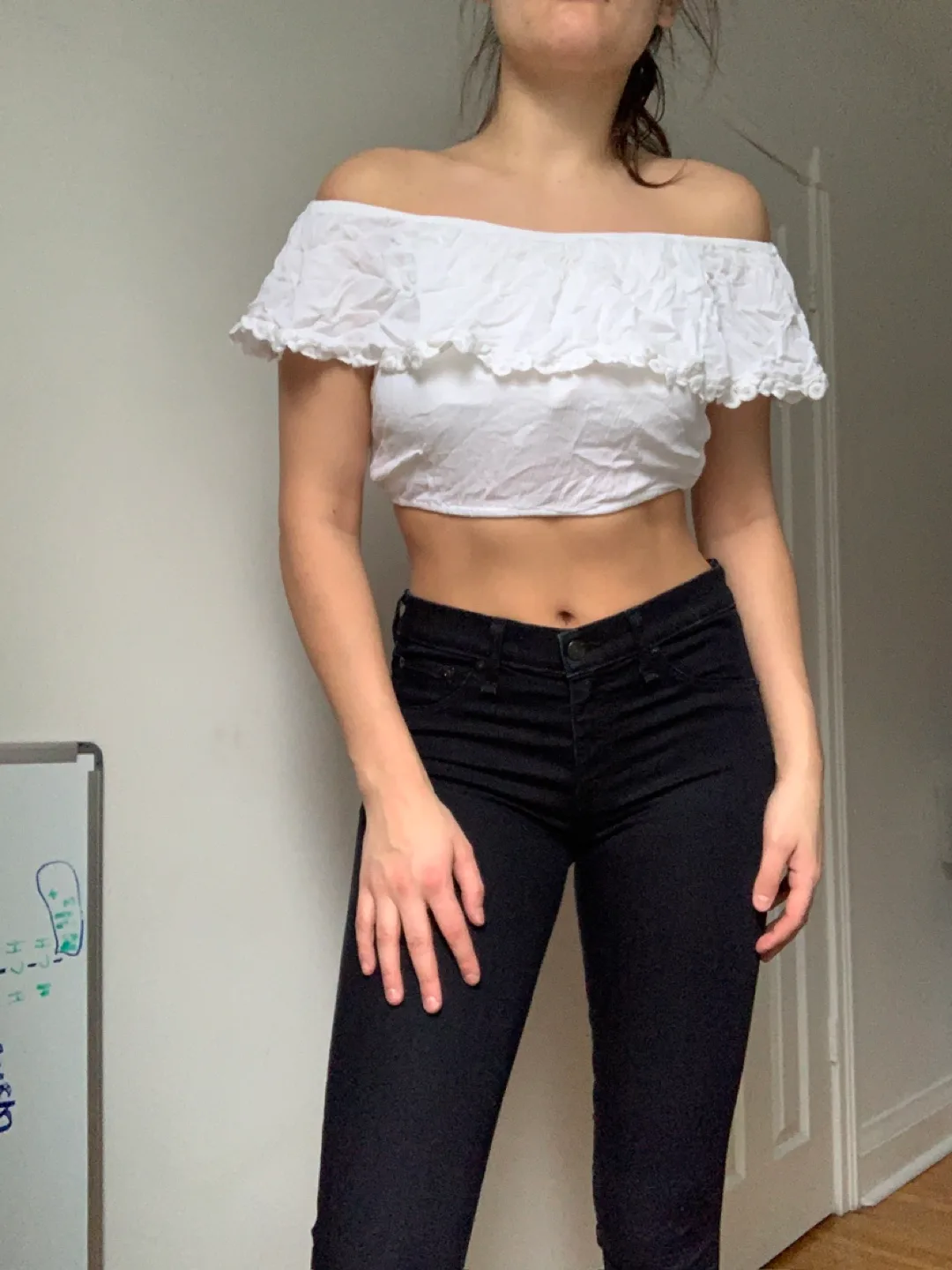 3 for $10 White Off-the-Shoulder Ruffle Crop Top Size Small image indicator(3)