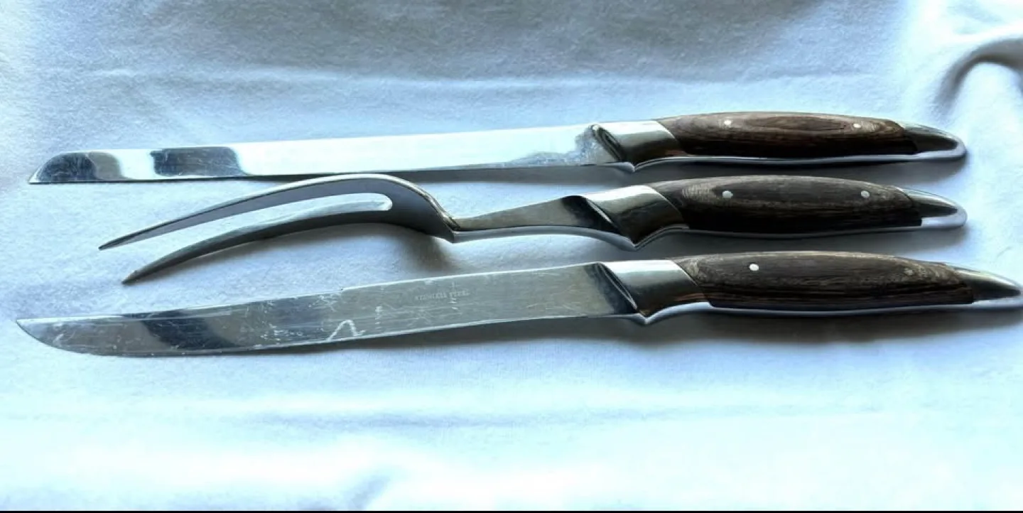 Vintage 3 Pc Japanese Pakkawood & Stainless Steel Carving Set image indicator(6)