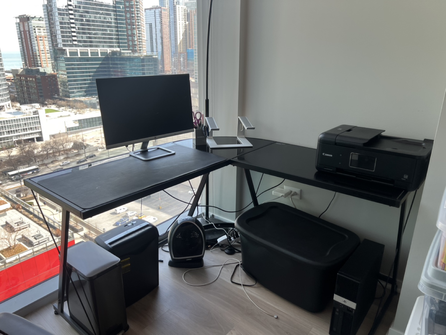 Black L-Shaped Computer Desk with Office Chair