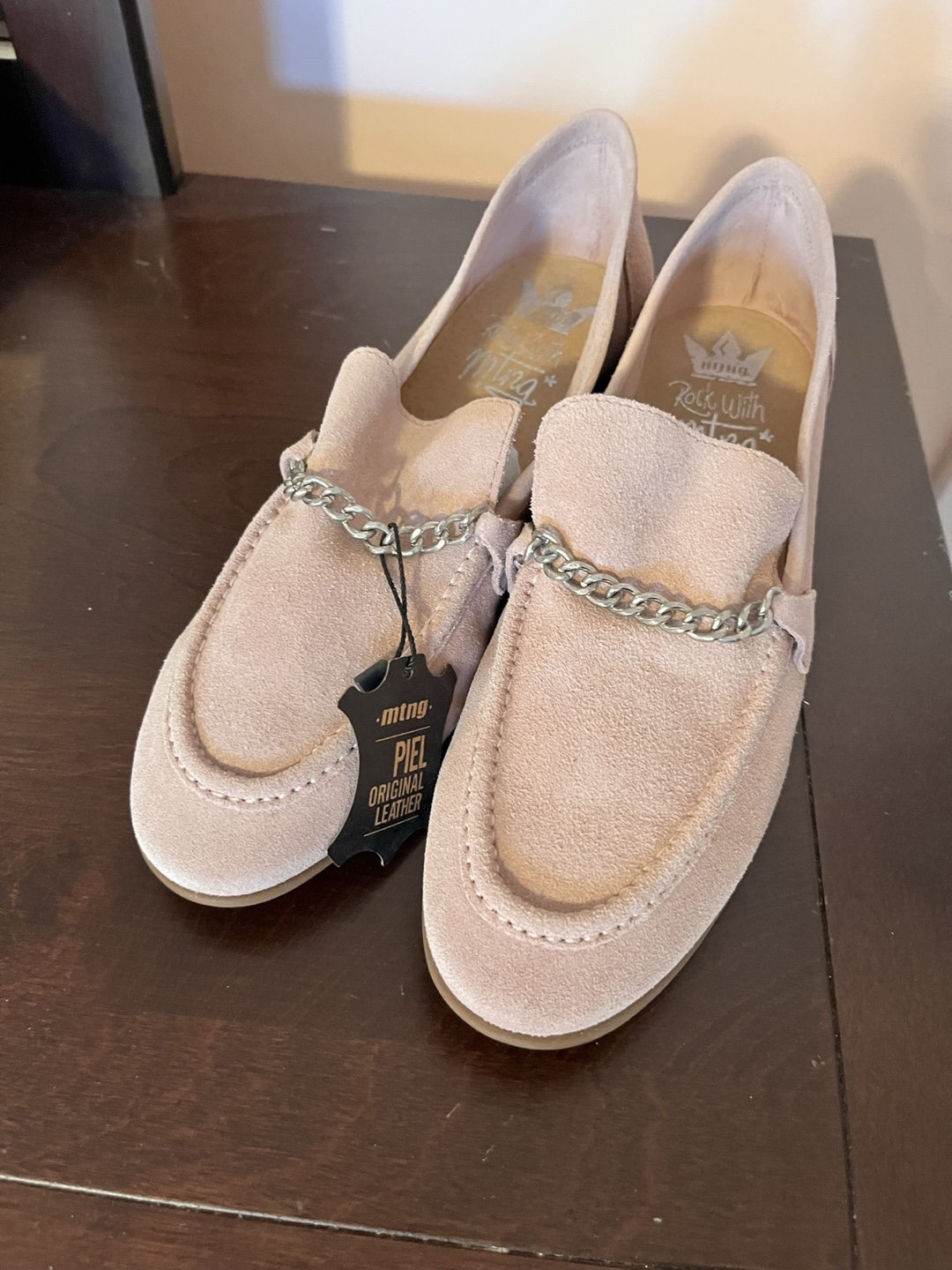 Ming Pink Suede Chain Loafer Flats