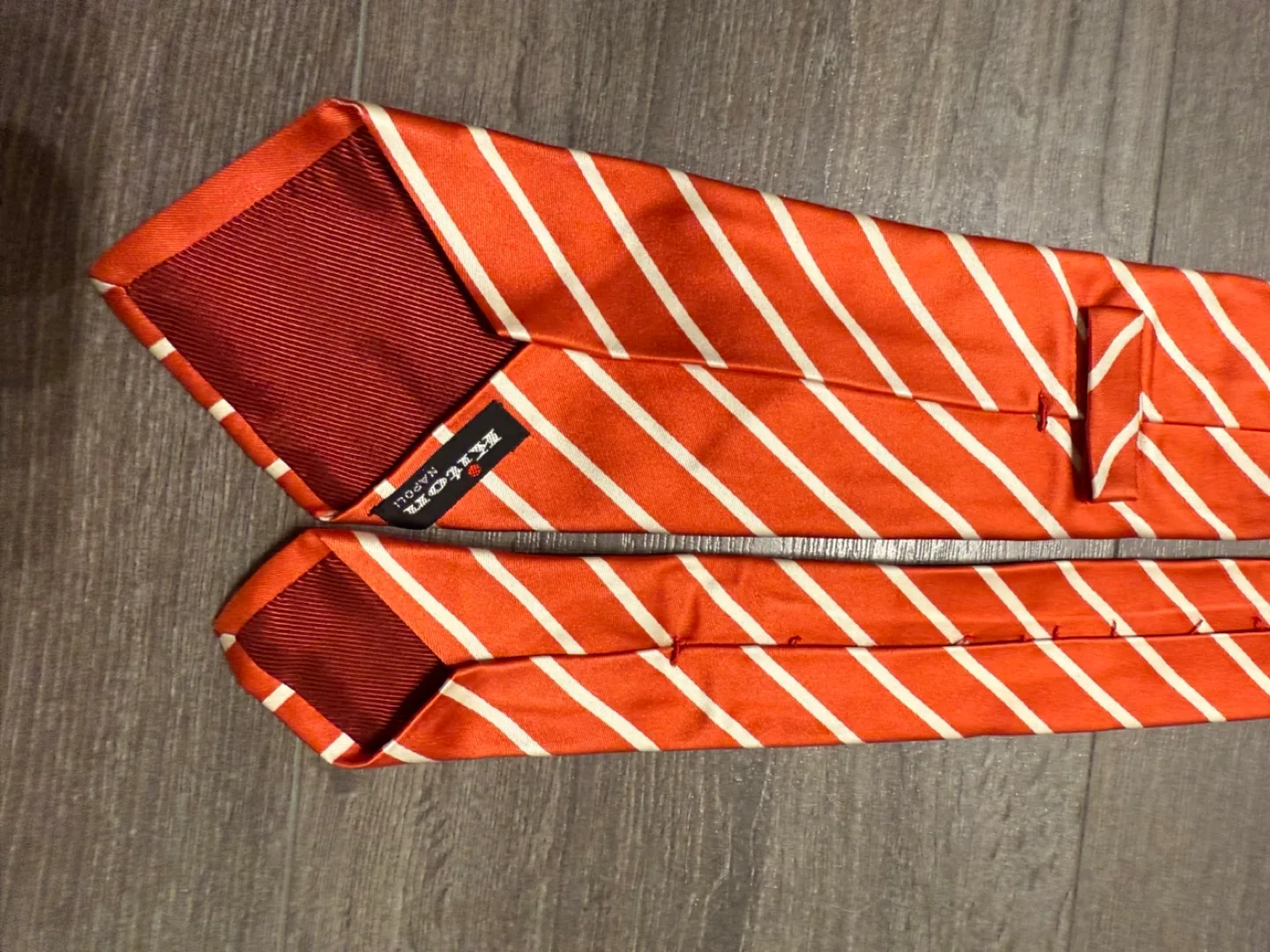 Authentic Kiton silk tie Napoli Italy red white stripe image indicator(4)