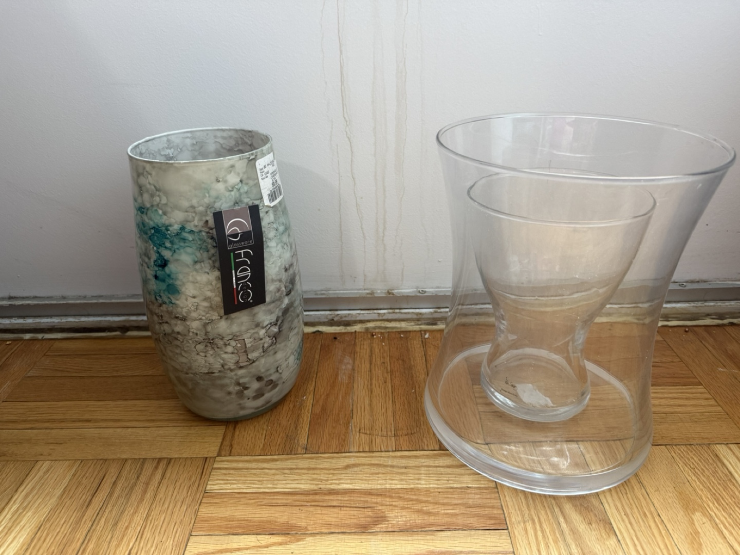Two Glass Vases - One Teal and Grey, One Clear
