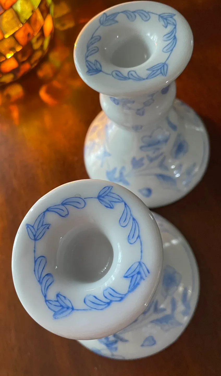 Pair of Blue and White Porcelain Candle Holders image indicator(4)