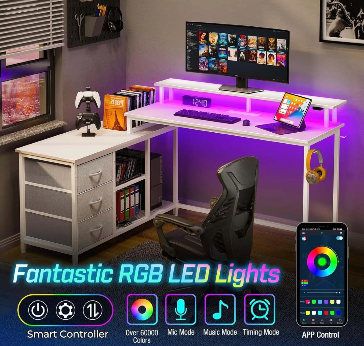 L-Shaped Gaming Desk with RGB LED Lights and Built-in Outlets image indicator(4)