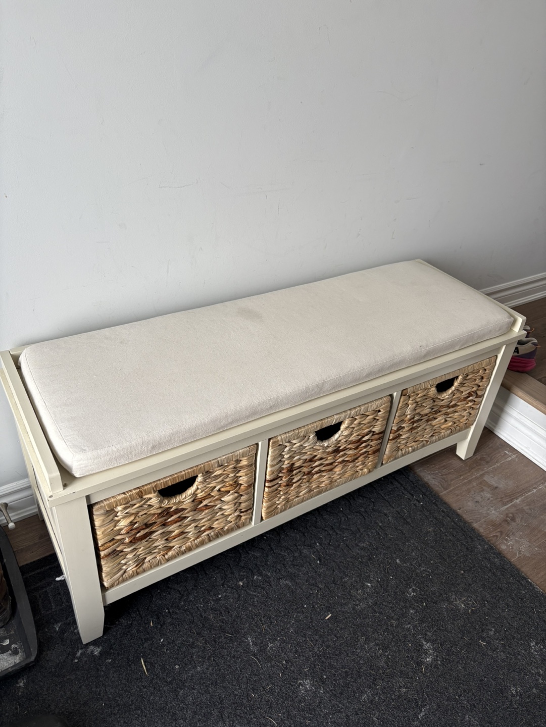 White Storage Entry Bench with Three Baskets