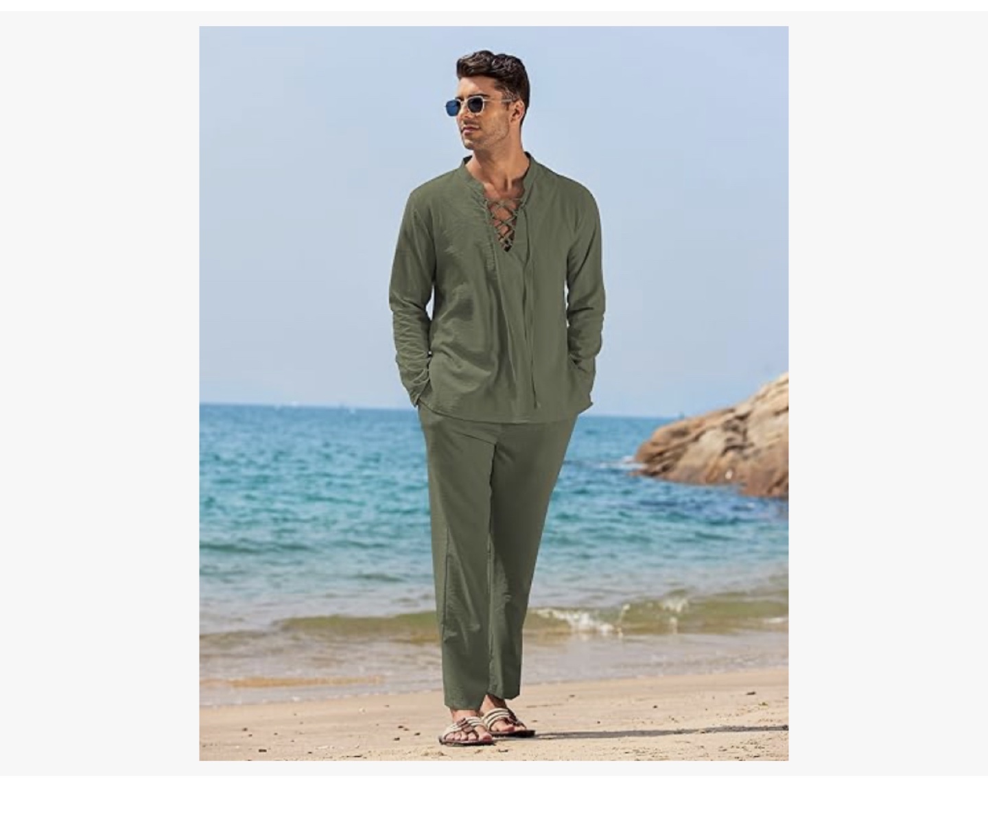 COOFANDY Men's 2 Piece Linen Set - Army Green - photo 4