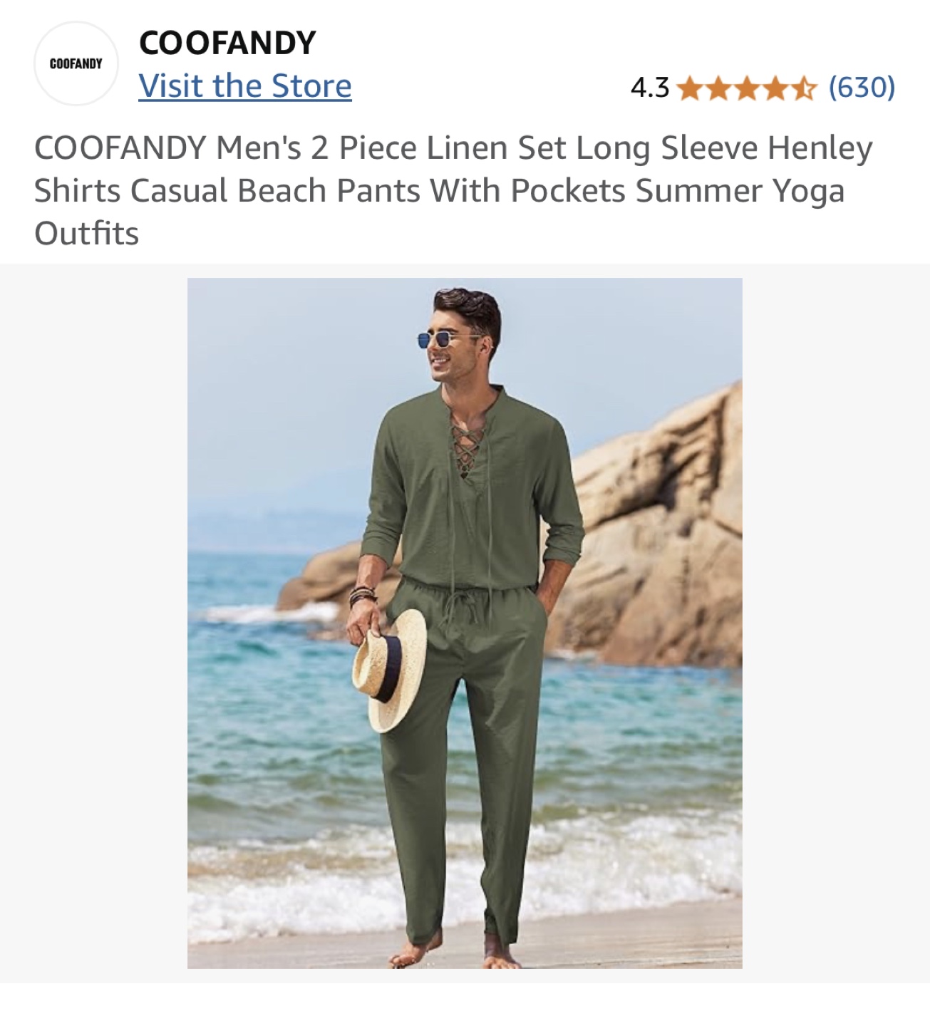 COOFANDY Men's 2 Piece Linen Set - Army Green