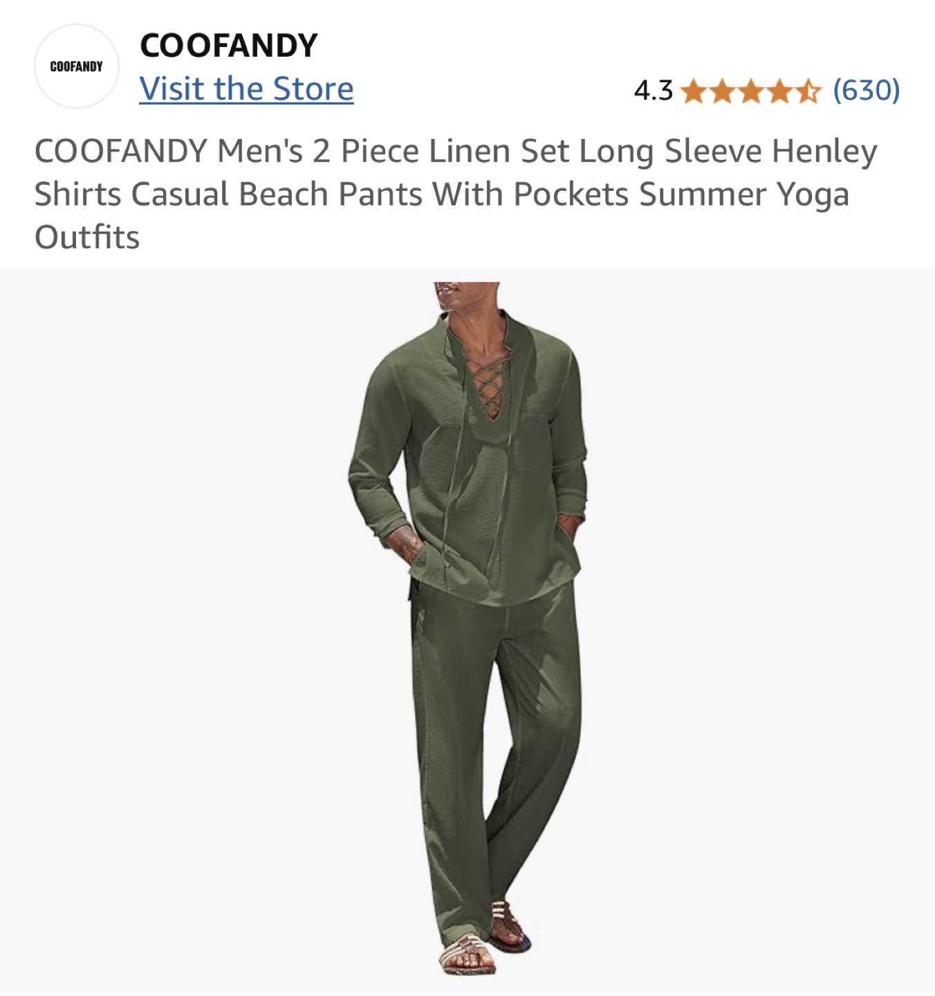 COOFANDY Men's 2 Piece Linen Set - Army Green - photo 2