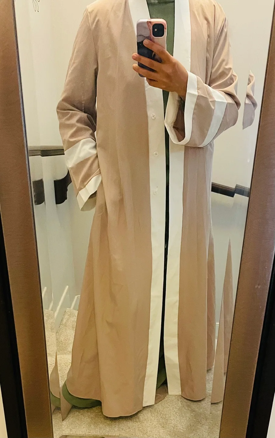 Beige and White Longline Abaya with belt thumbnail
