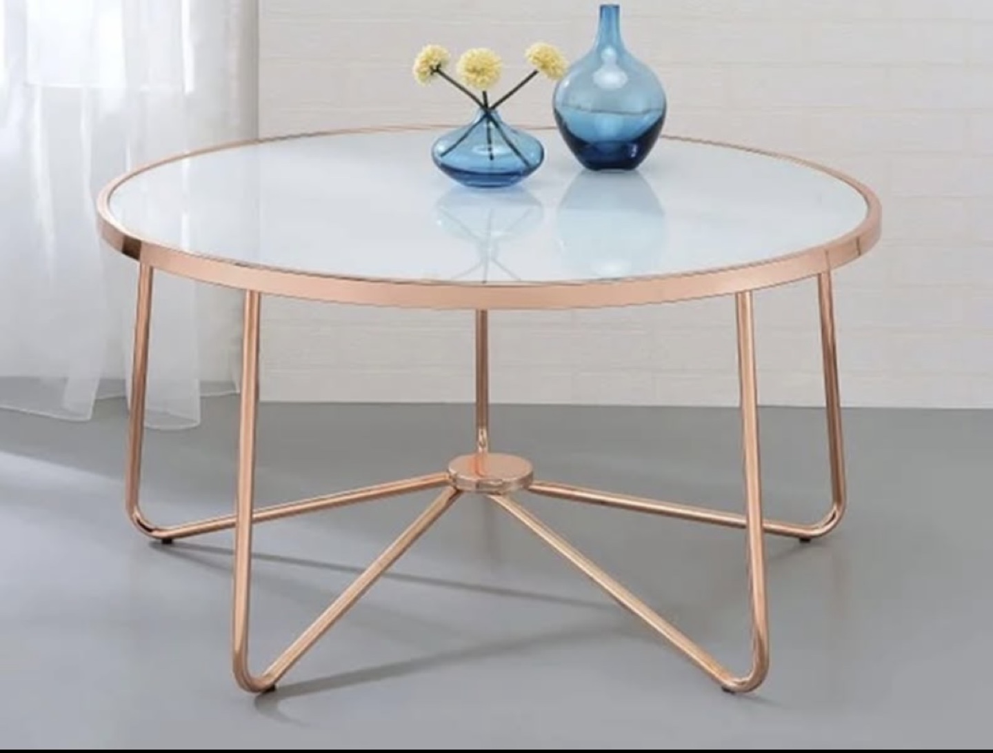 Rose Gold Metal Frame Coffee Table with White Glass Top