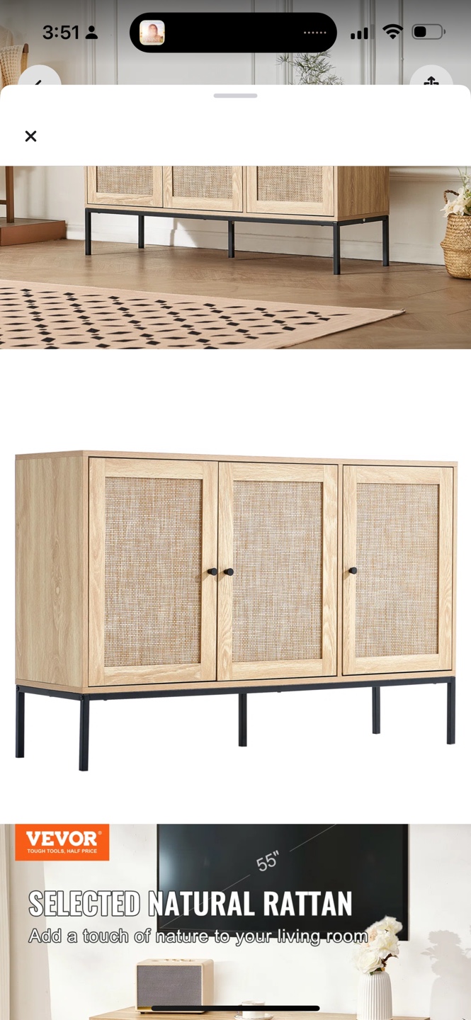 Three-Door Rattan Cabinet with Black Metal Legs