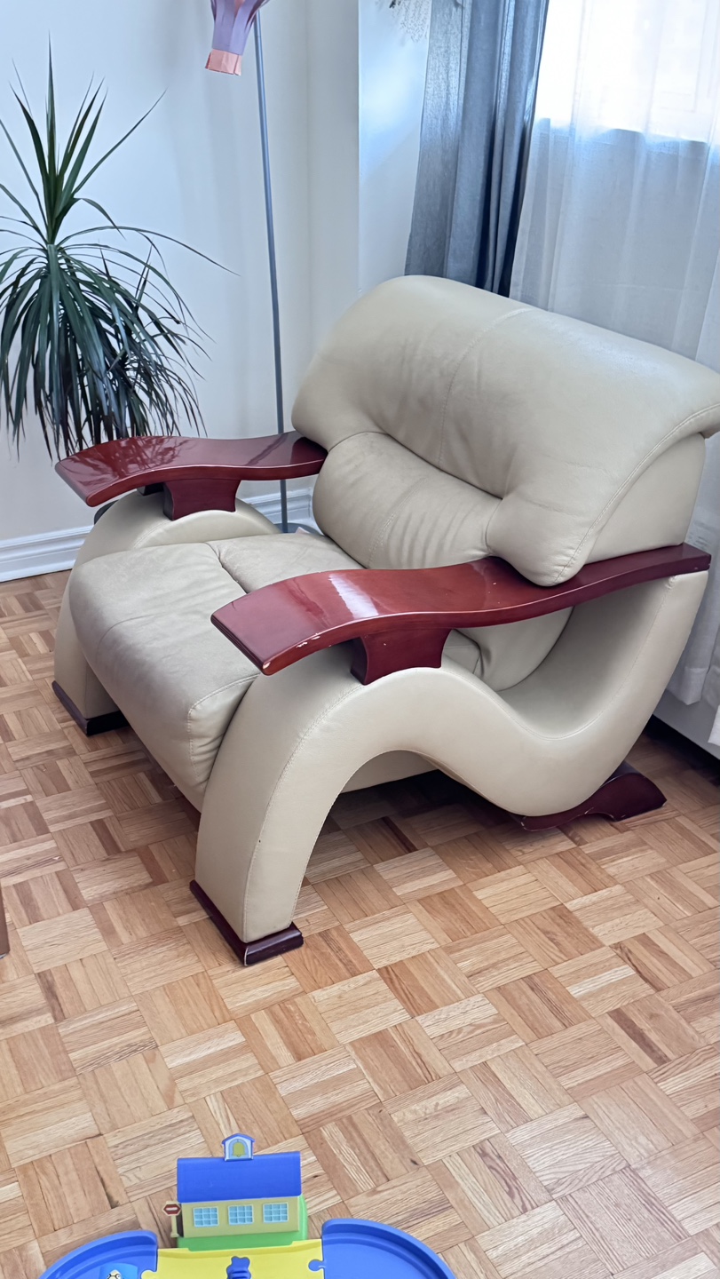 Cream Leather Accent Chair with Wood Accents