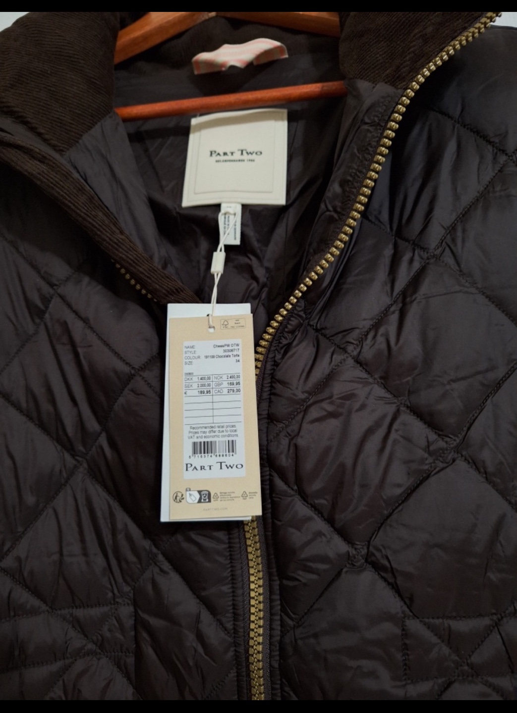 Part Two Brown Quilted Long Coat - Size 14 - photo 2