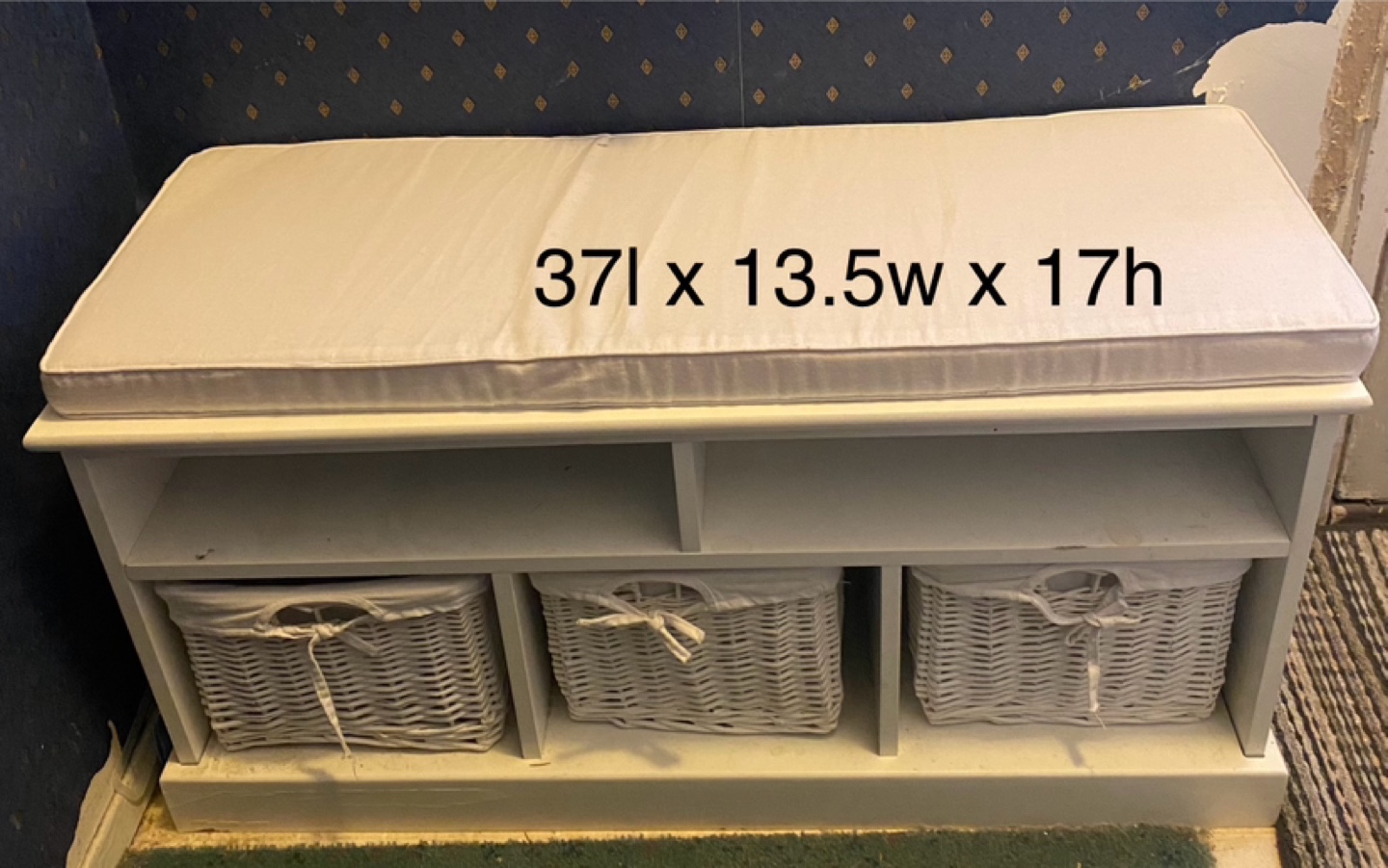 White Storage Bench with Cushioned Seat and Three Baskets