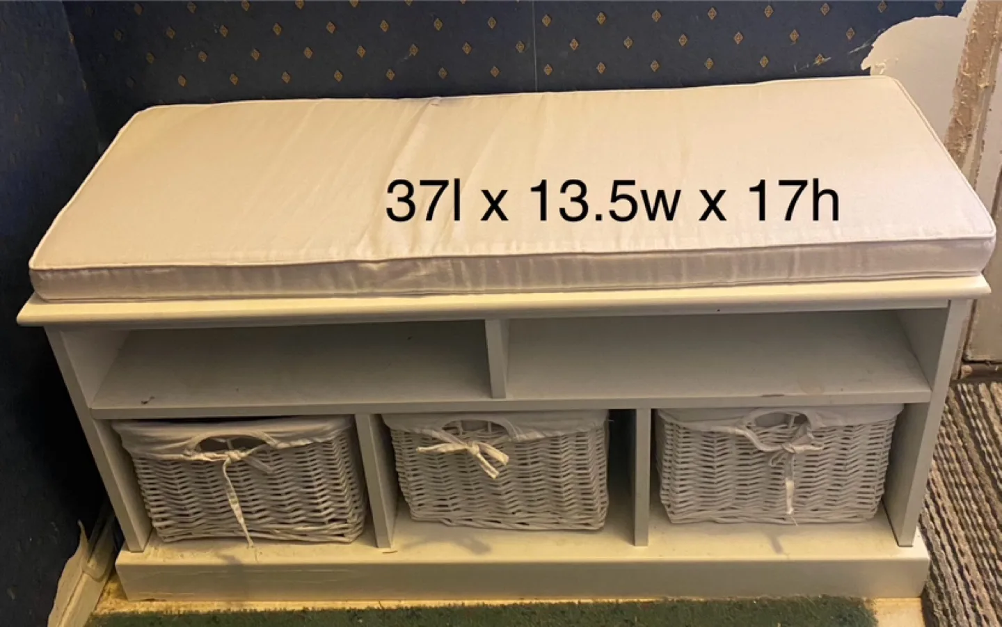 White Storage Bench with Cushioned Seat and Three Baskets thumbnail