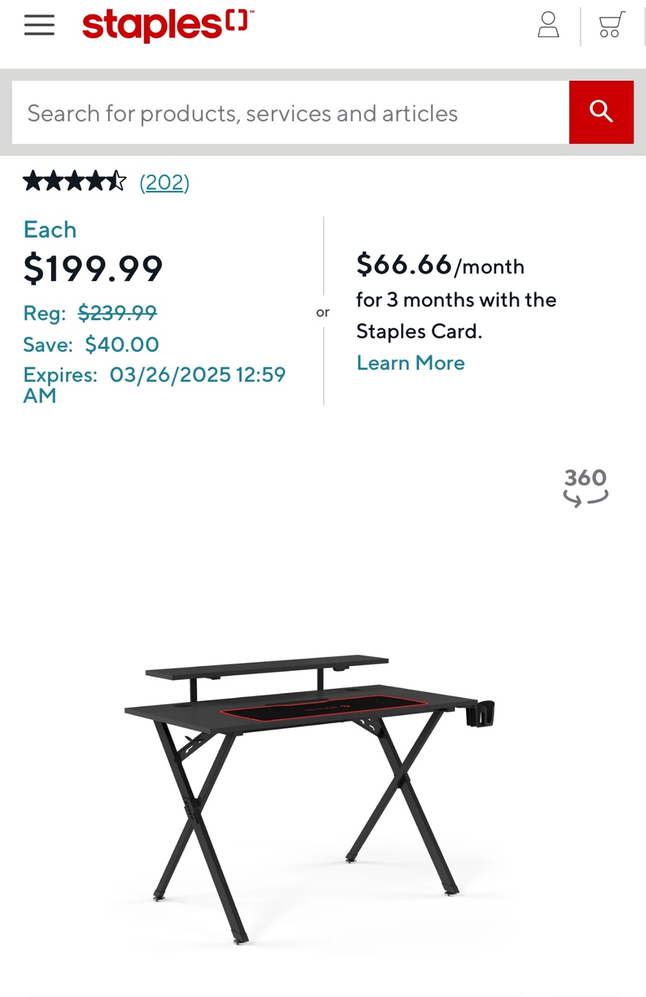 Staples Black Gaming Desk with Monitor Shelf and RGB Lighting