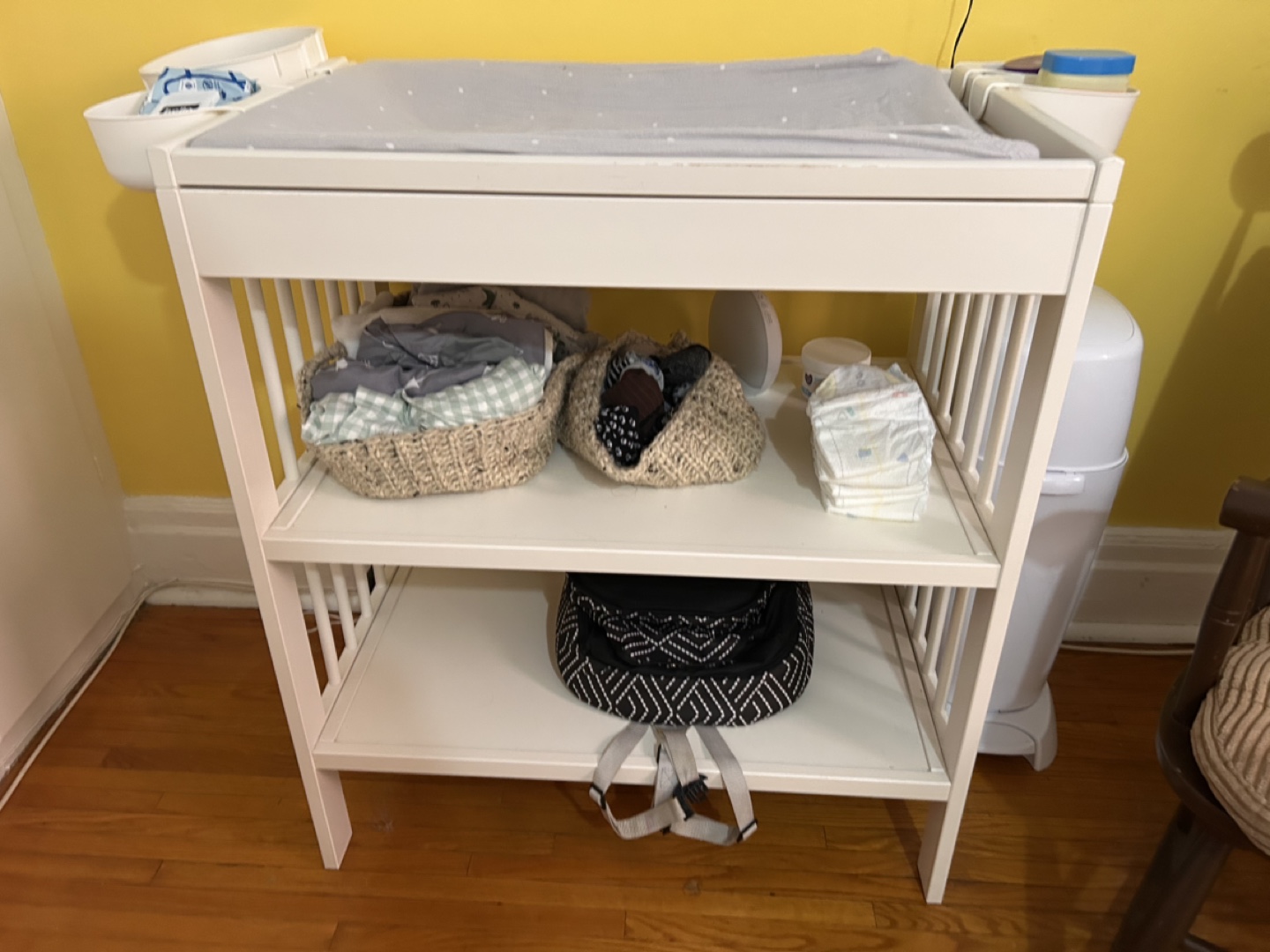 White Changing Table, Storage Buckets, Mat and 2 Sheets