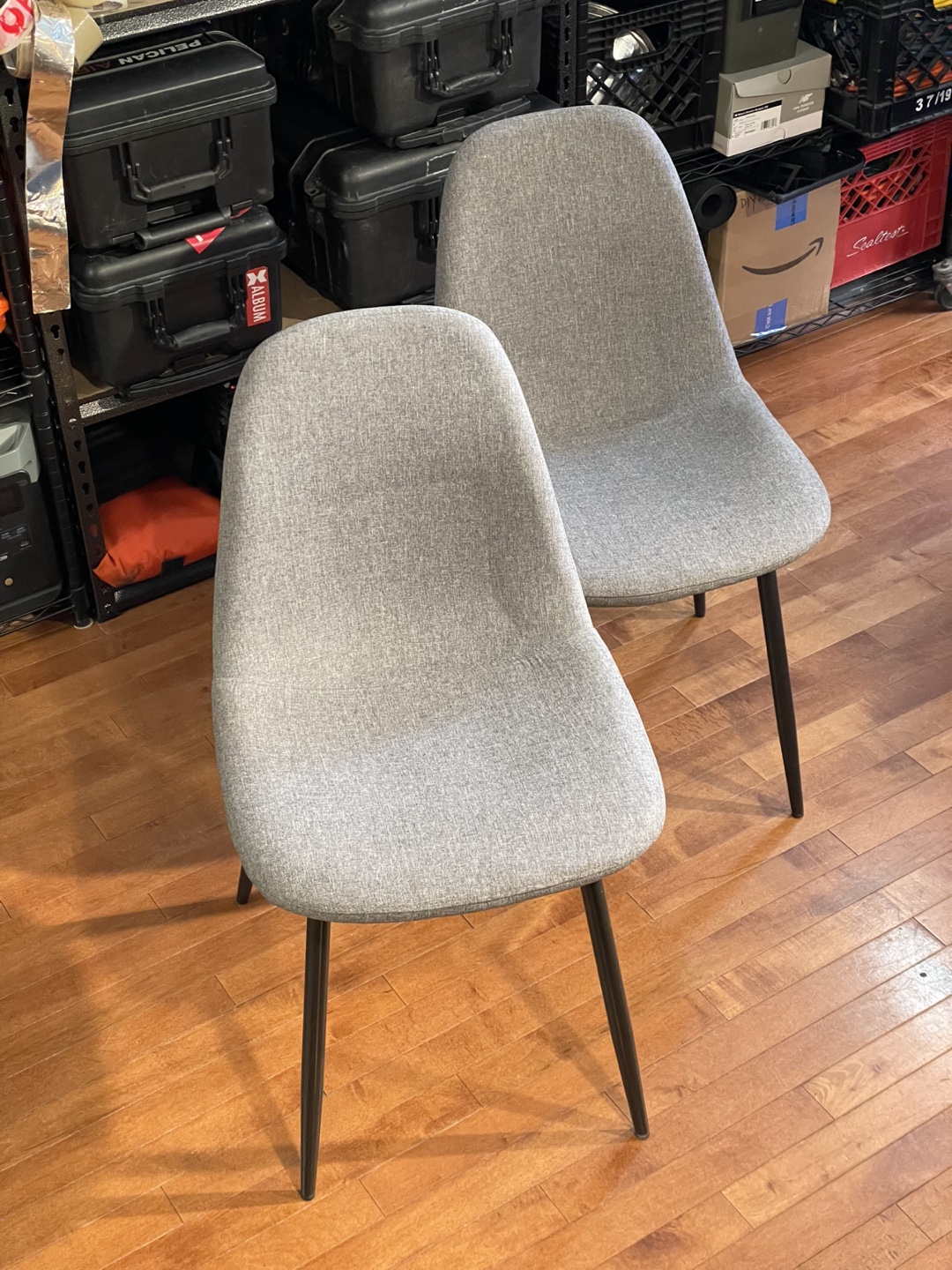 Pair of Grey Fabric Dining Chairs with Black Legs